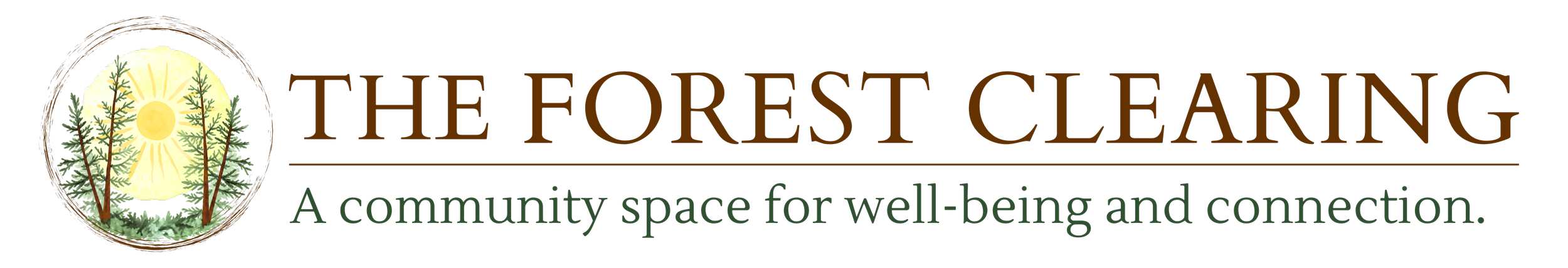 Logo for The Forest Clearing, a community space for well-being and connection, featuring a sun shining through trees with a green ground.