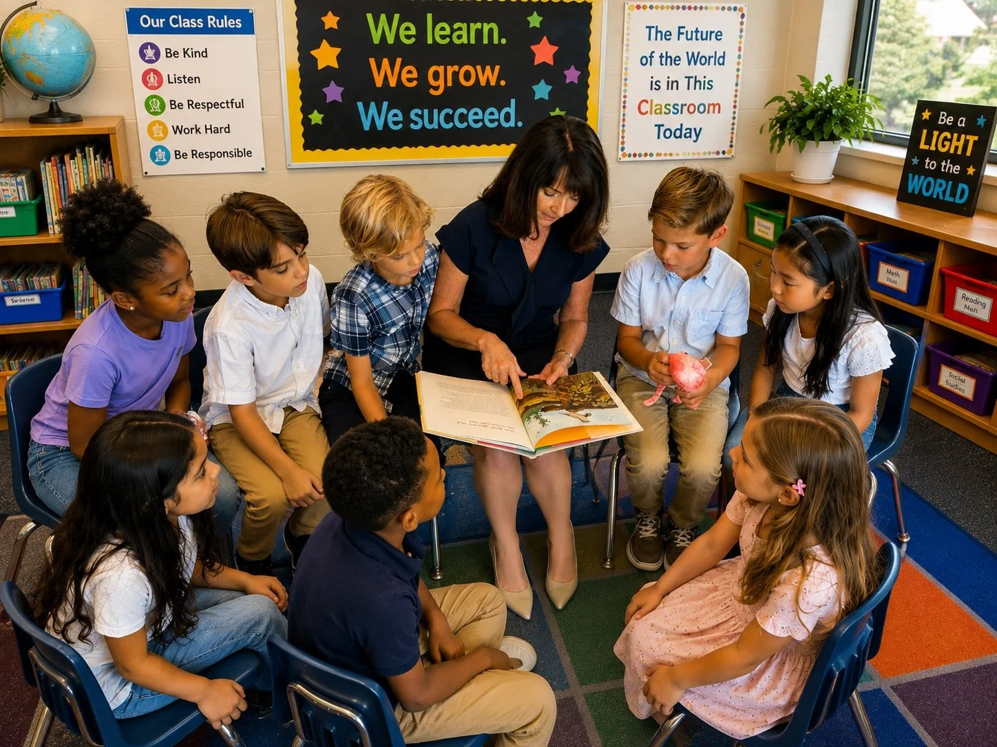 Pamela West reading a picture book to a group of young students seated in a circle in a classroom.