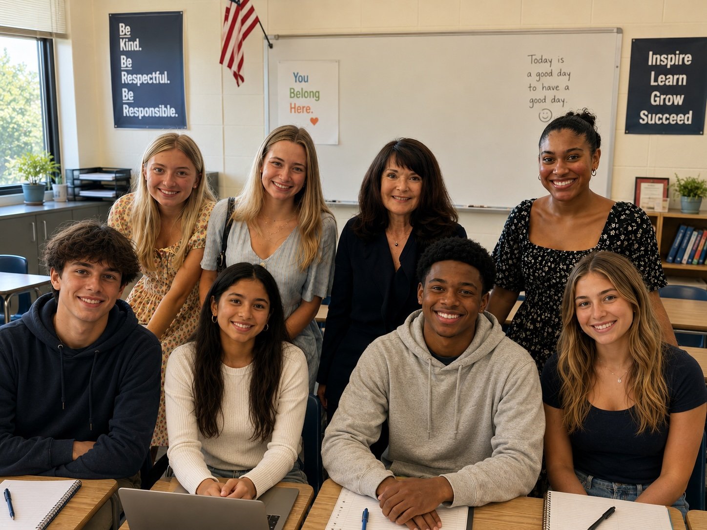 Pamela West and seven students and a teacher smiling in a classroom, with posters and an American flag on the wall behind them.