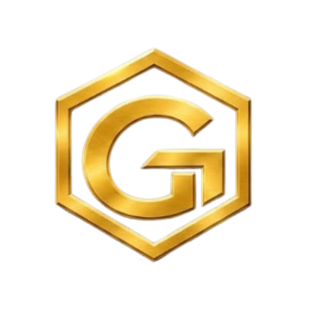 Gold logo featuring a hexagon with the letter 'G' inside, against a black background.