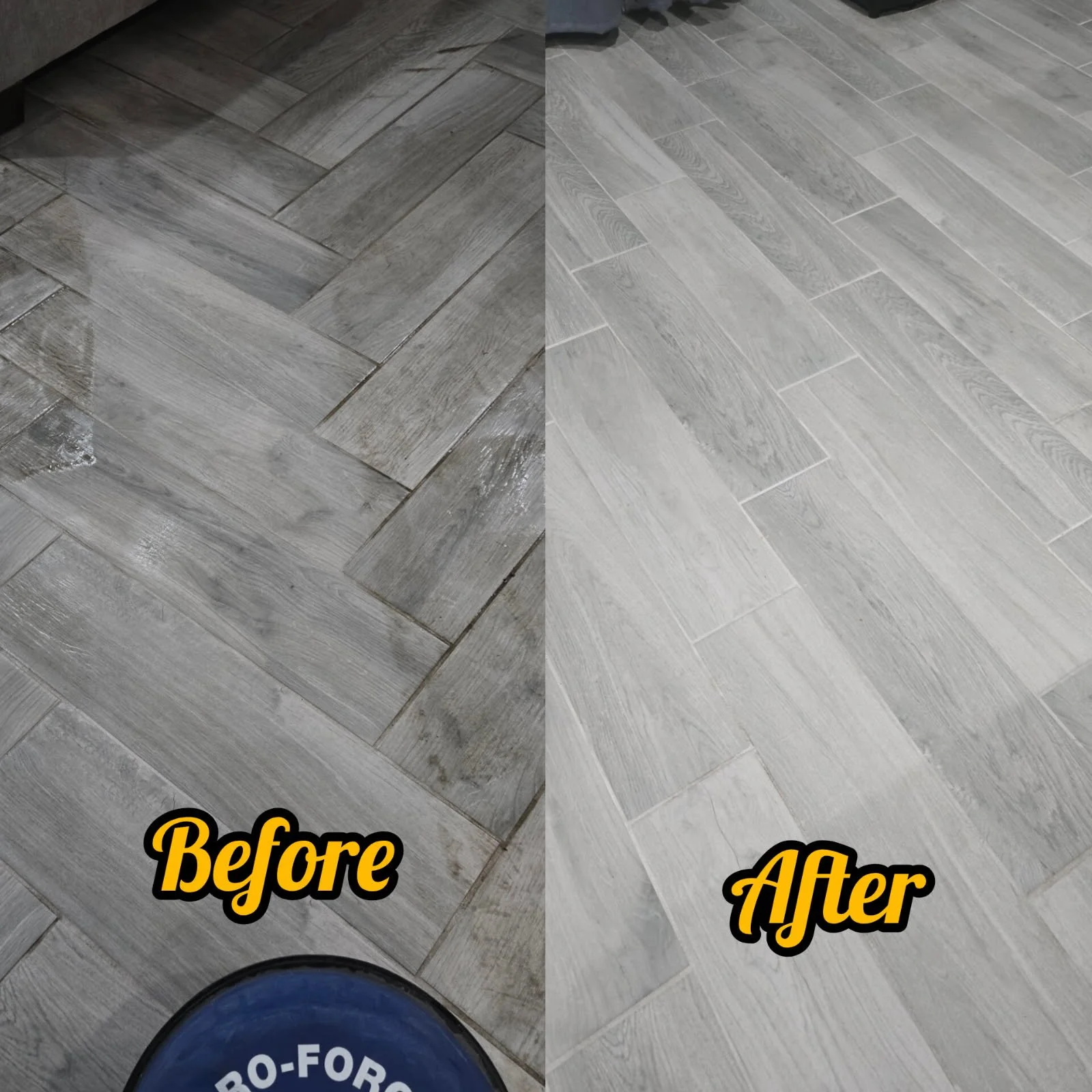 Comparison image showing a wooden tile floor before and after cleaning or refinishing. The 'before' side is darker and dirtier, while the 'after' side is lighter and cleaner.