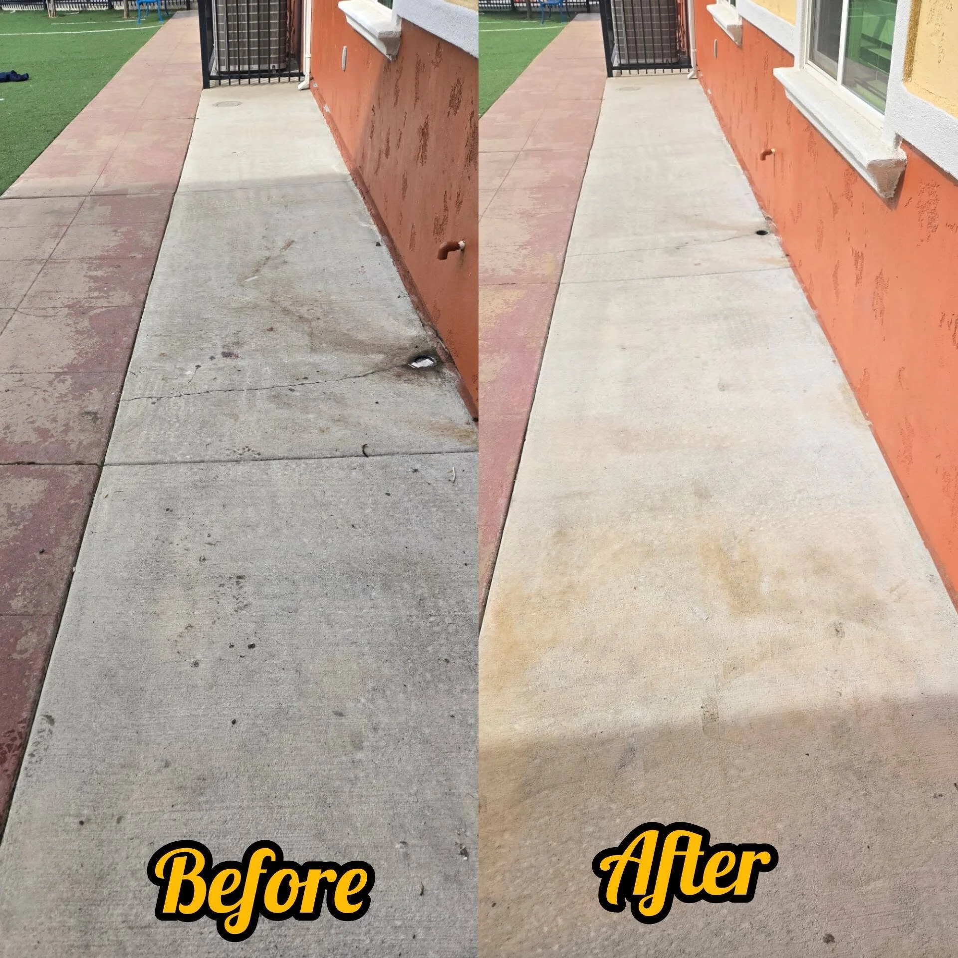 Side-by-side comparison of sidewalk and wall, showing cleaning or renovation results. The left side labeled 'Before' shows dirty, stained concrete with cracks, while the right side labeled 'After' shows clean, restored concrete. The wall is orange with a window and a small pipe protruding. The caption says 'Before' on the left and 'After' on the right.