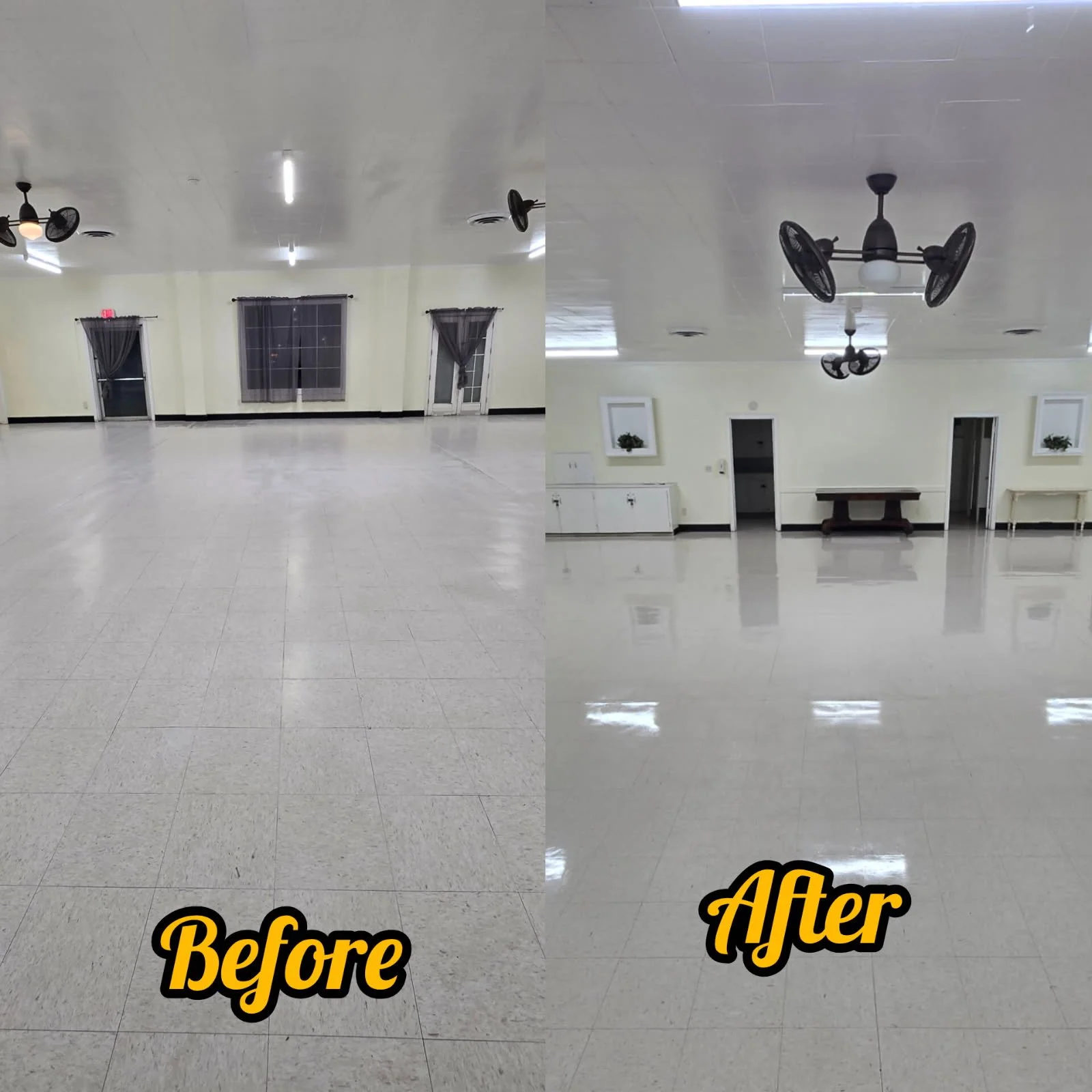 Before and after image of vct flooring that has been stripped and waxed