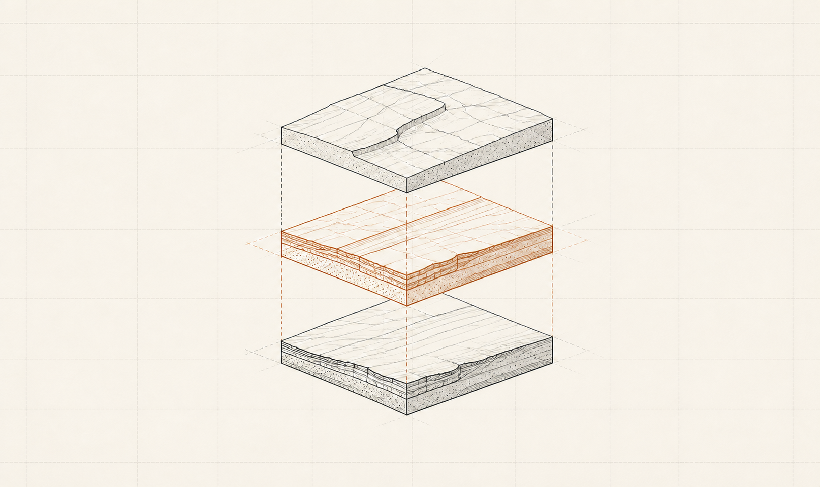 Diagram showing three layers of stone, wood, and concrete, each with detailed cross sections, arranged vertically in an exploded view.