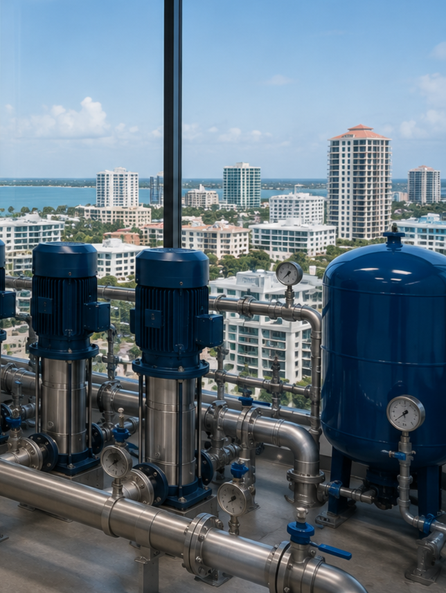 Waterbooster system pump control room with view of Sarasota Bay/Downtown Sarasota.