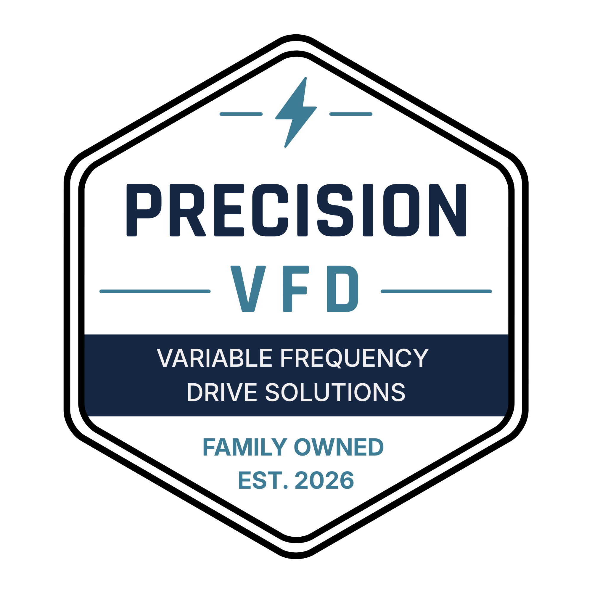 A graphic design featuring a lightning bolt icon with lines extending from each side, and text below that reads: 'Precision VFD', 'Variable Frequency Drive Solutions', 'Family Owned', and 'Est. 2026'. The background is black, and the text is in shades of blue.