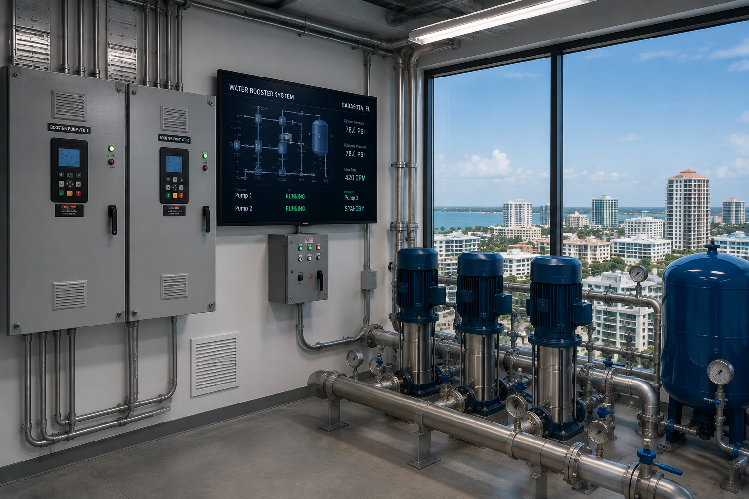 VFD system in water booster system in high-rise condo in Sarasota County.