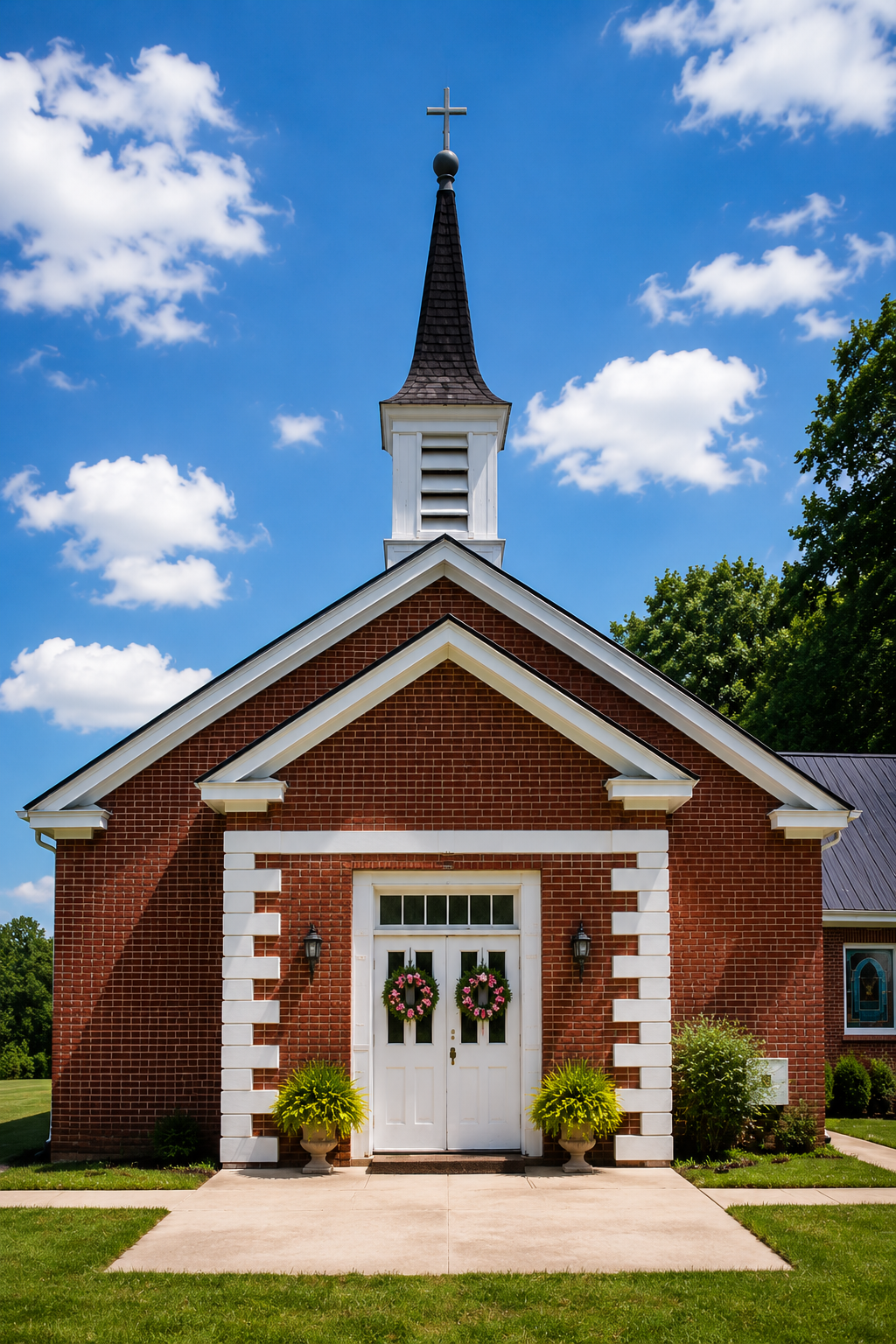 Front entrance of Pentecost Global Methodist Church in Winder, GA, featuring a historic red brick exterior, white doors, and cross-topped steeple.