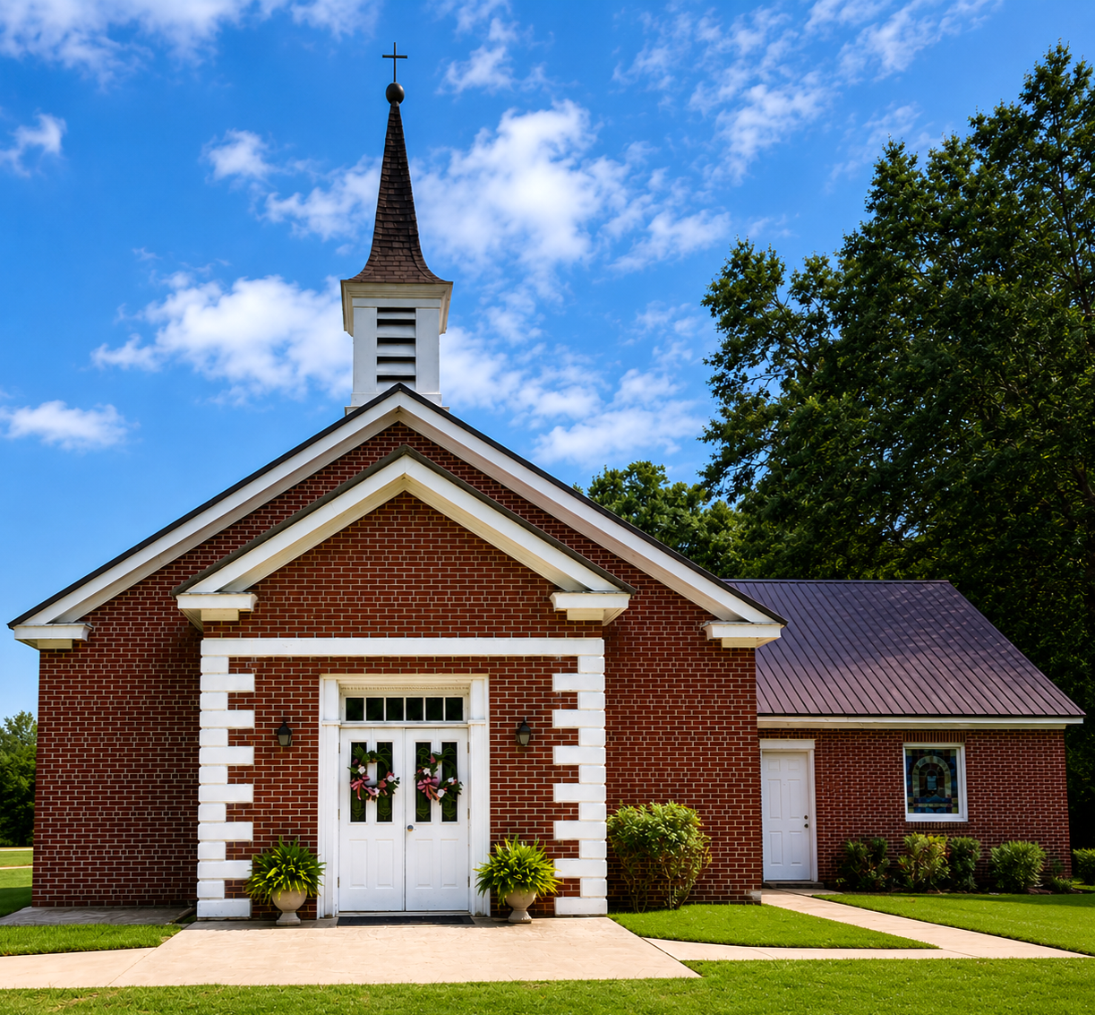 Pentecost Global Methodist Church in Winder, GA | Red brick church with white accents, wreath decorated doors, and a steeple with a cross against a blue sky with clouds.