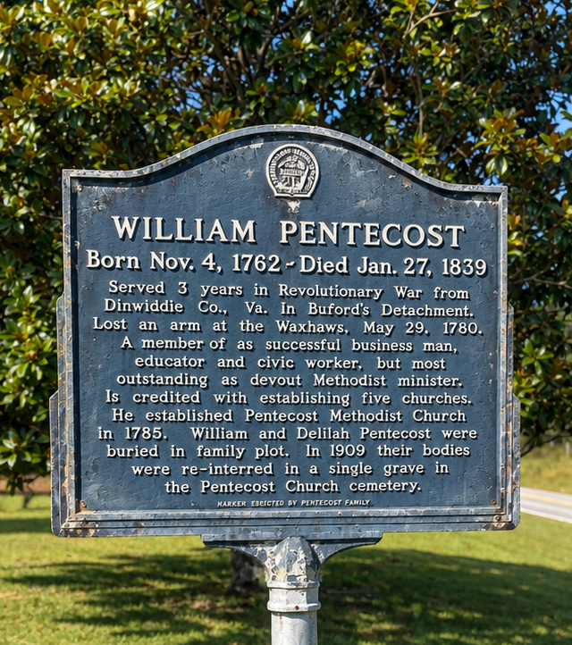 Historic William Pentecost marker commemorating Revolutionary War service, Methodist ministry, and the founding of Pentecost Methodist Church in 1785.