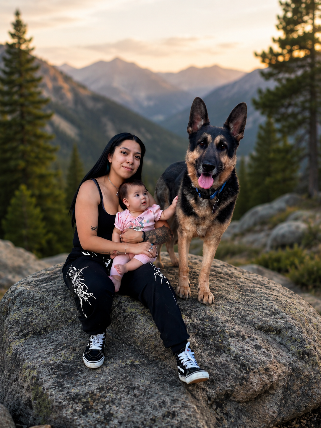 A woman, a baby, and a large dog sitting on a rock in a mountainous forest at sunset.