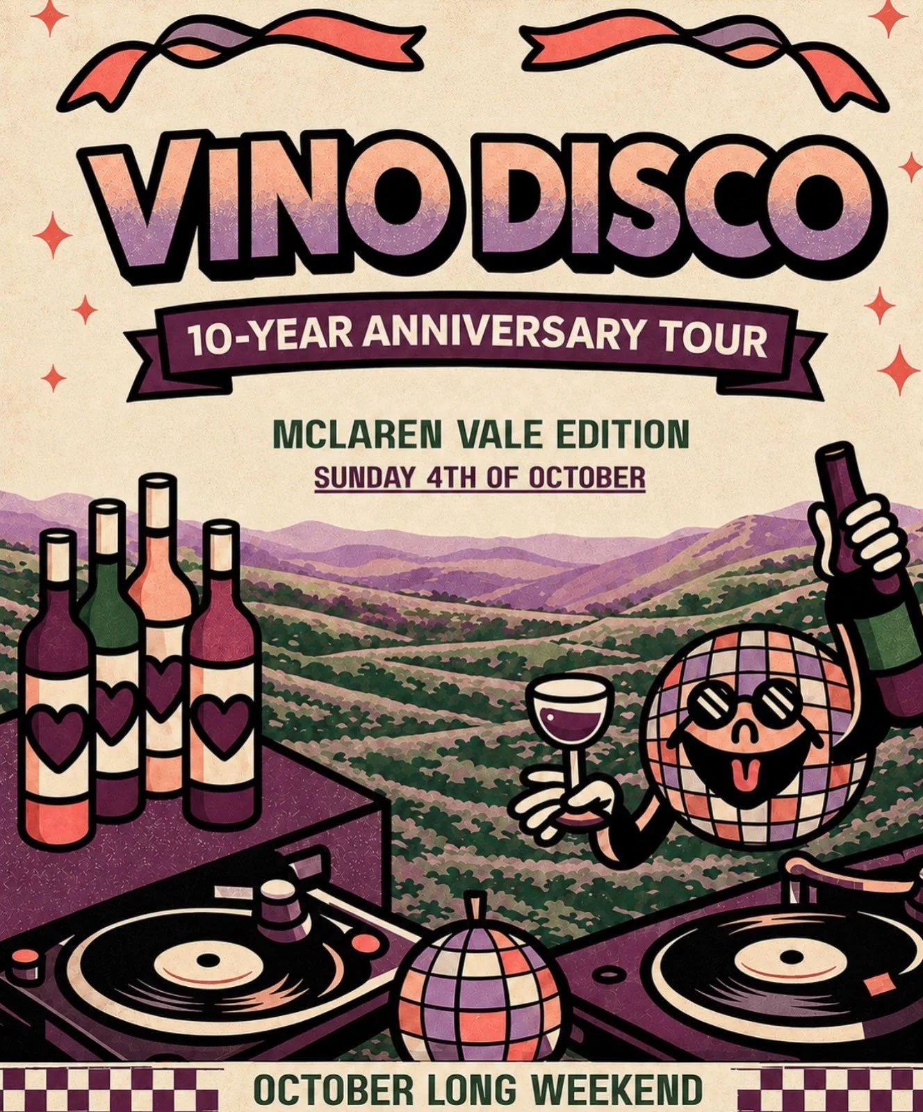Another region. Another long weekend. We&rsquo;re back with another Vino Disco. 🍷

This October long weekend, we&rsquo;re putting McLaren Vale in the spotlight, with pours from Lino Ramble, Karrawatta &amp; Mansa.

🍷 Free tastings | 6:30&ndash;8:30