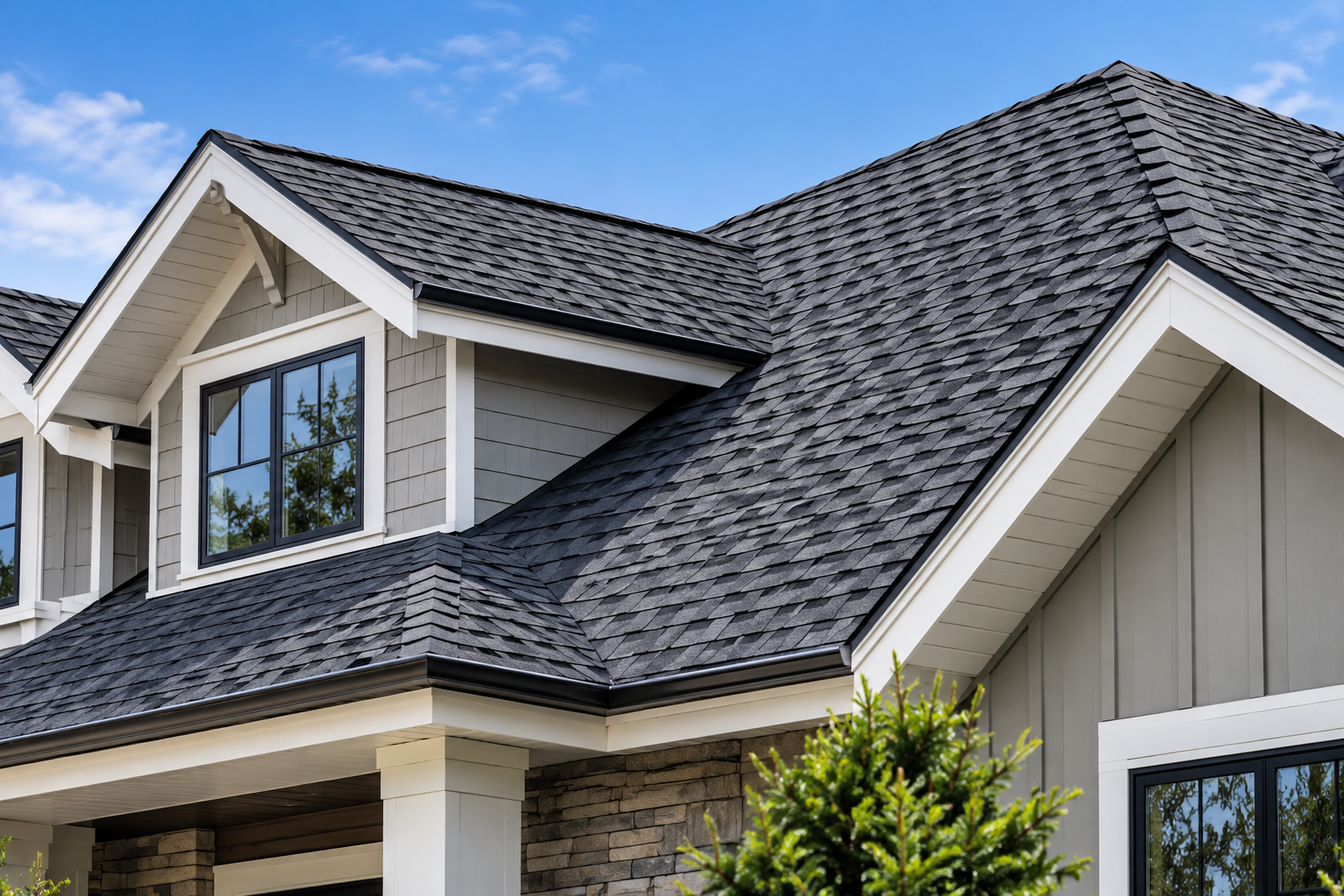 Close-up of a modern house with a gable roof covered in dark shingles, beige siding, large windows reflecting trees, and a cloudy blue sky.