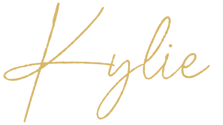 Signature-style text spelling 'Kylie' in gold color