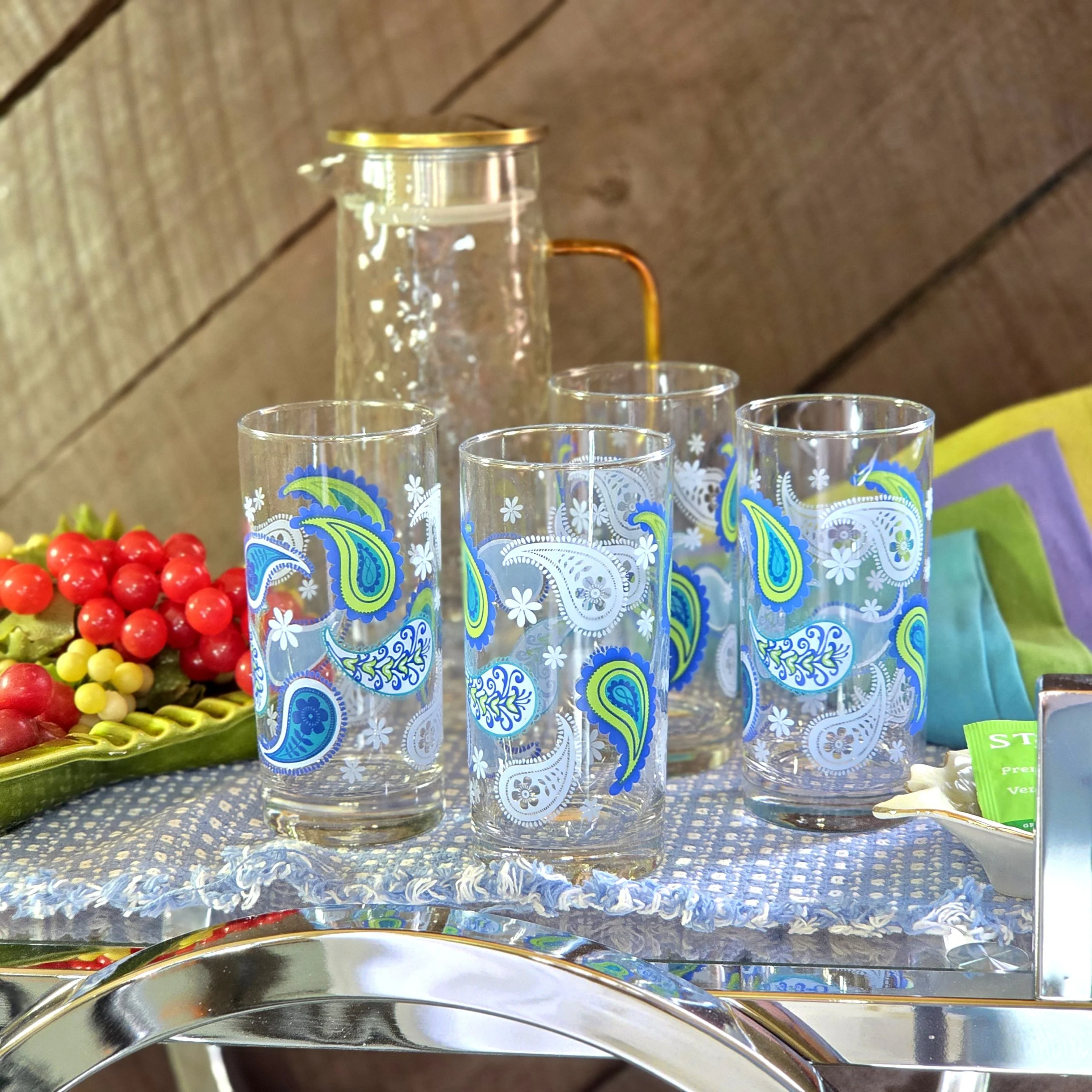 vintage blue green paisley highball glasses