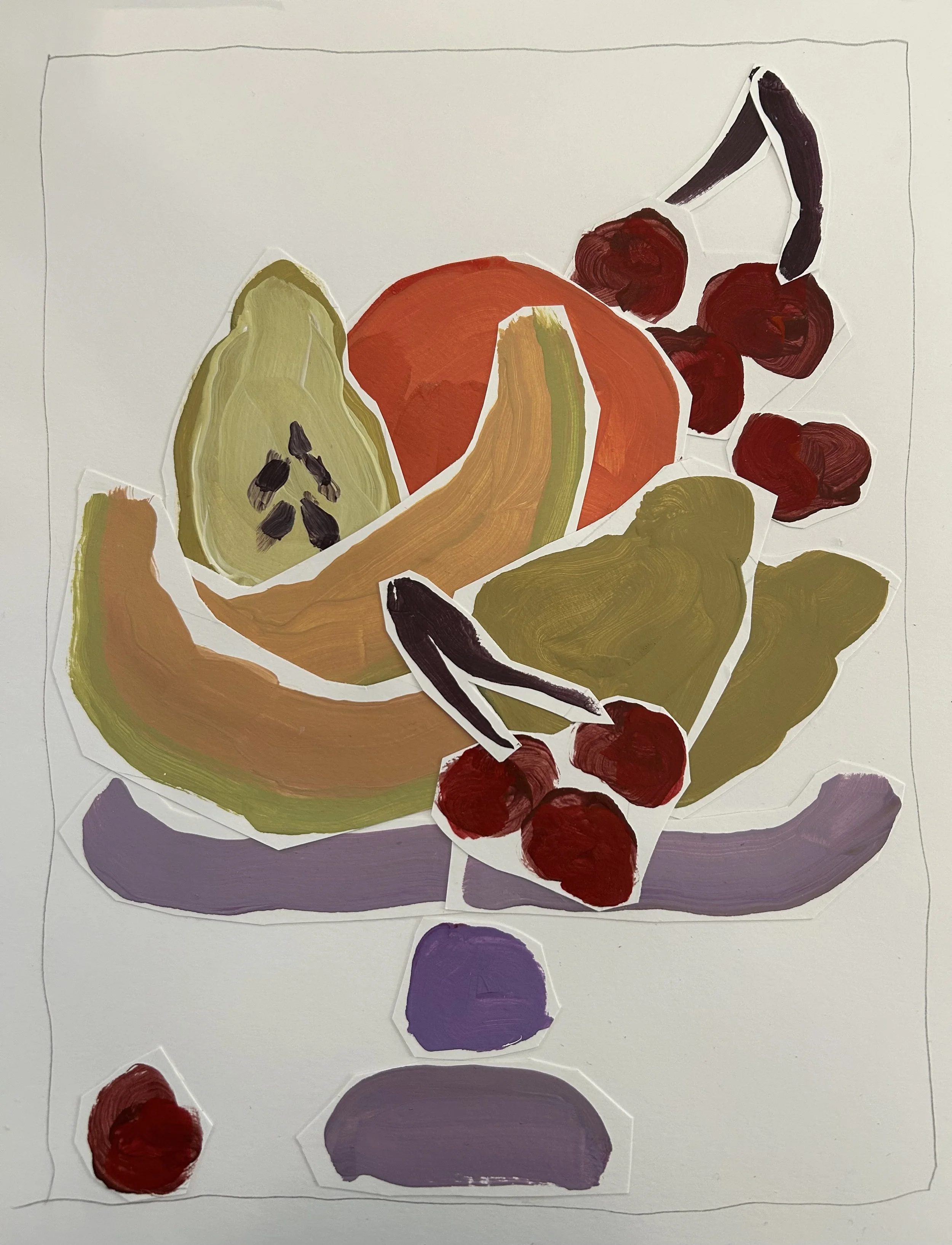 Pedestal plate and fruit
14 x 11 in acrylic paint on paper collage 
$175