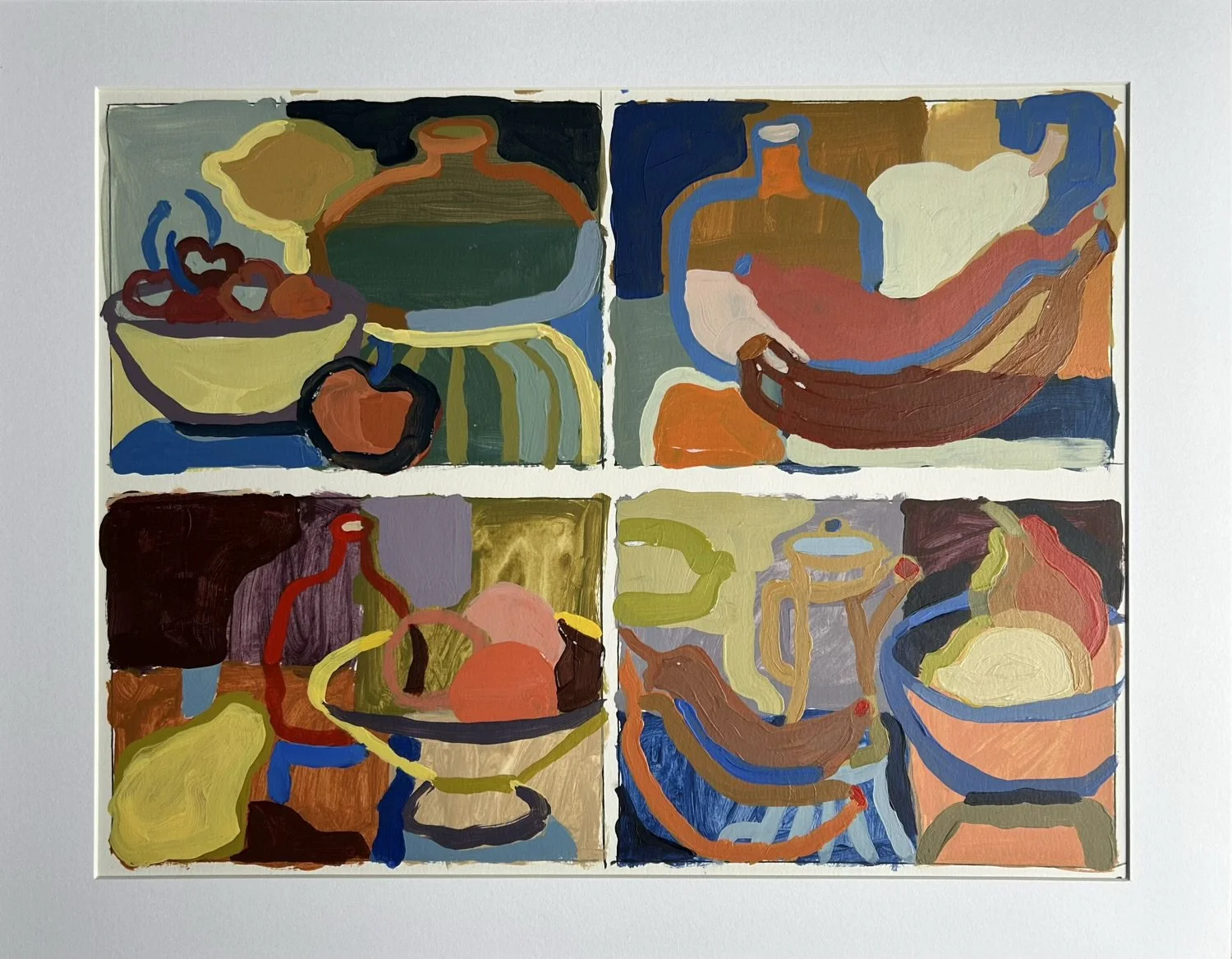 Colorful vessels and fruit
14 x 18 in acrylic on paper
mounted and matted, unframed
$250
