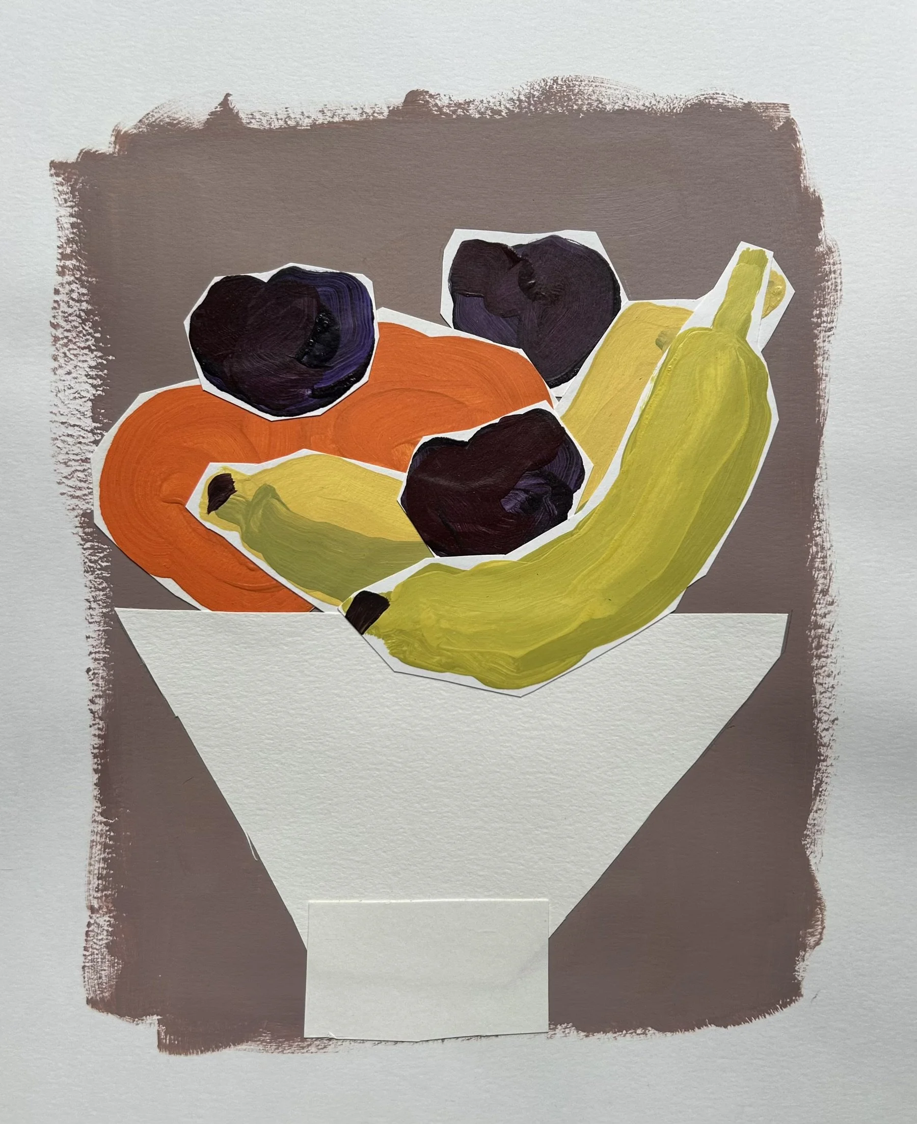 White bowl with fruit 
14 x 11 in acrylic paint on paper collage
$175