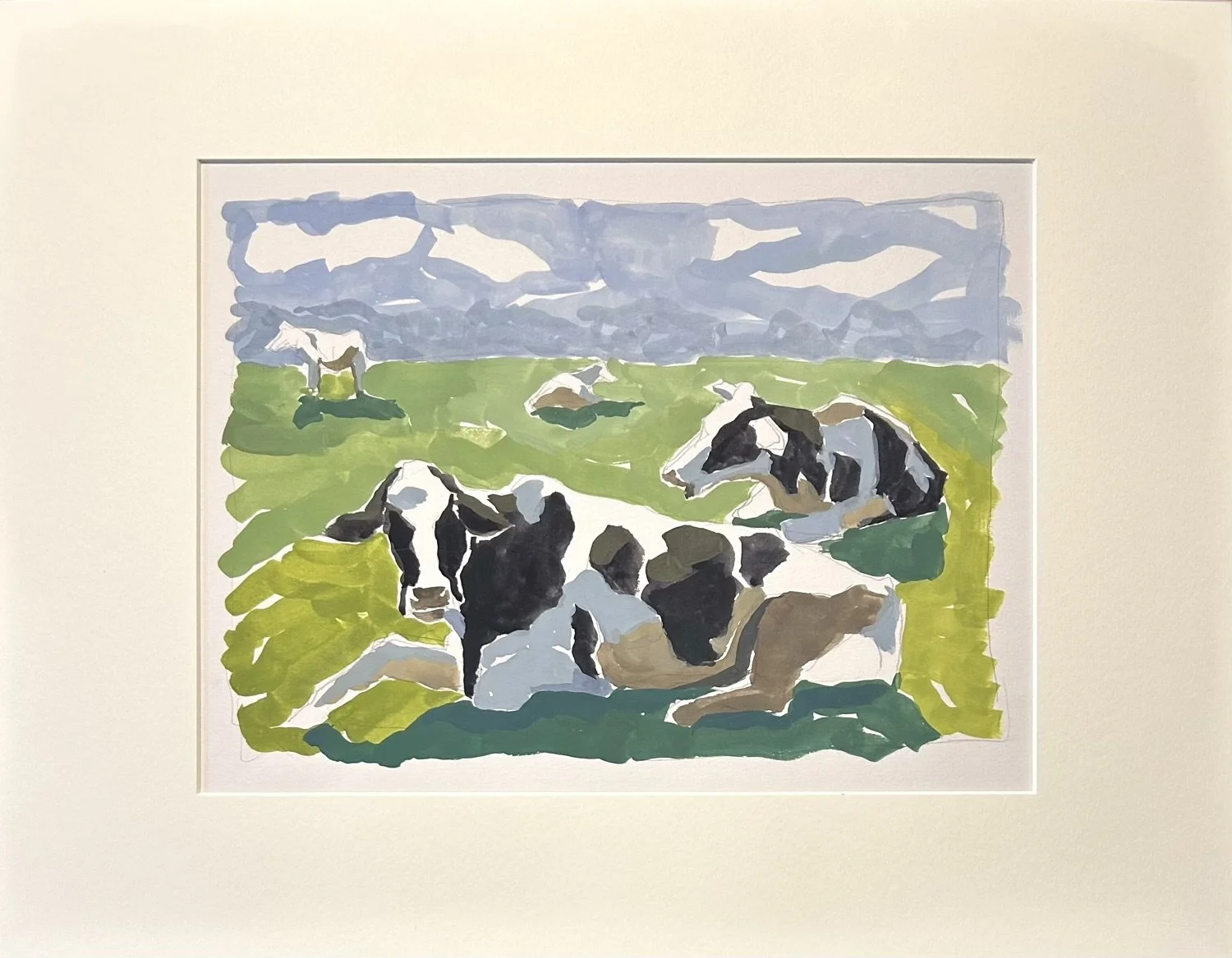 Lying cattle 2
14 x 18 in gouache on paper 
mounted and matted, unframed
$175