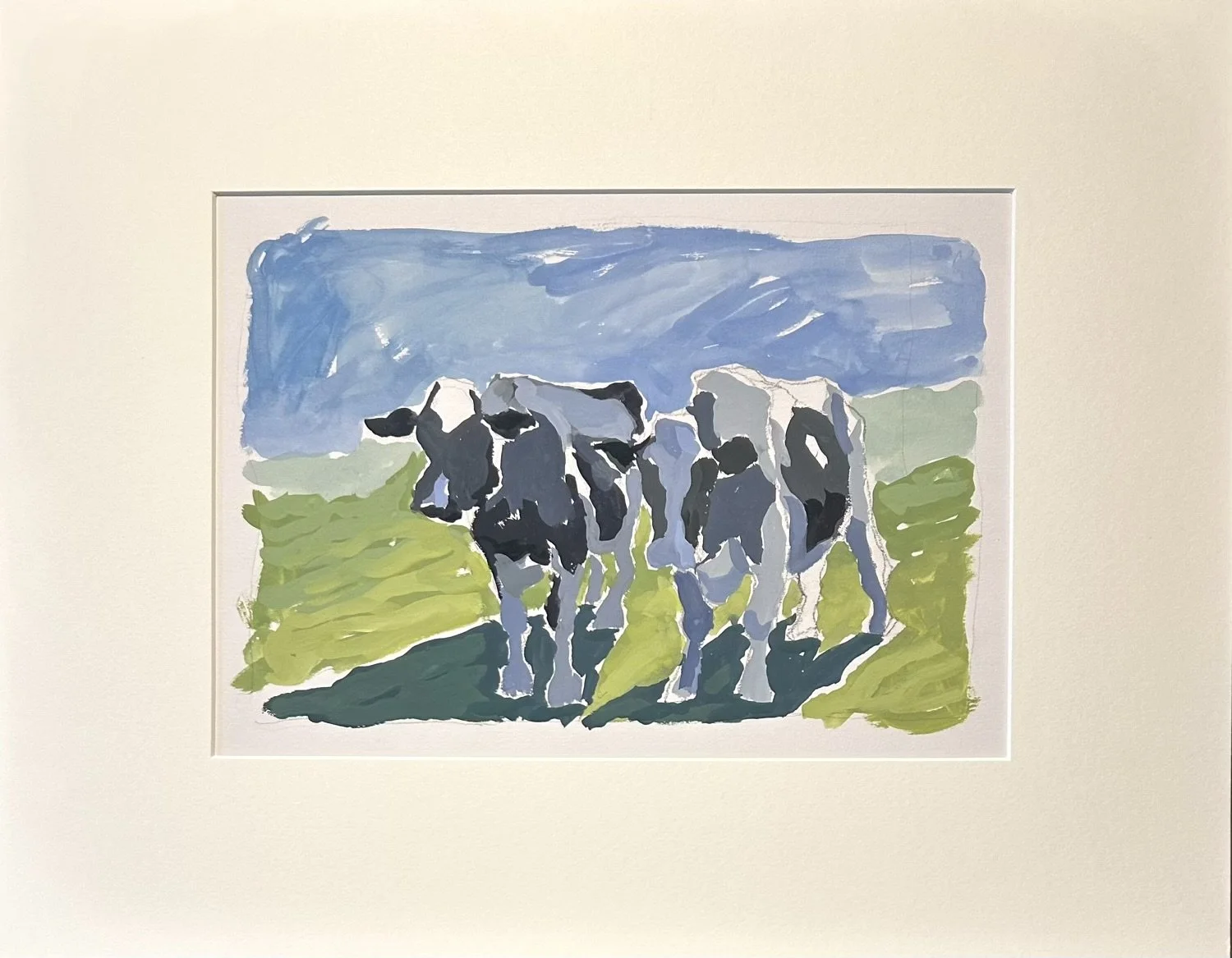 2 cows in a field of green
14 x 18 in gouache on paper
mounted and matted, unframed
$175