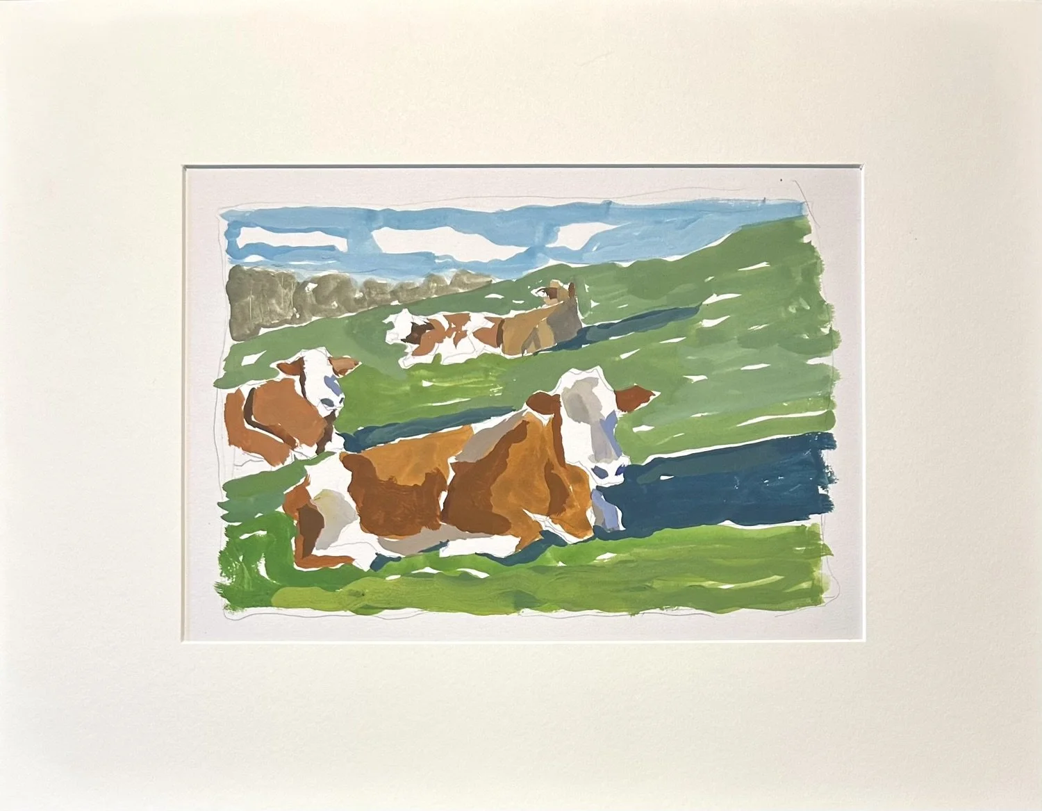 Brown and white cattle 1
14 x 18 in gouache on paper
mounted and matted, unframed
$175