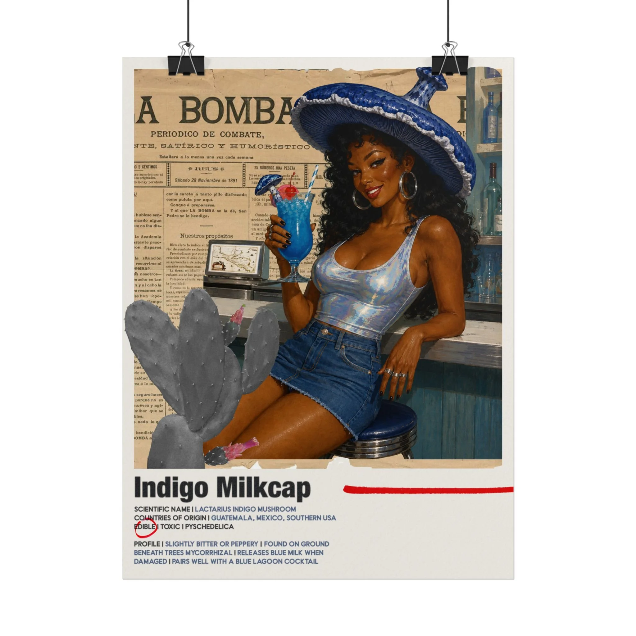 Indigo Milkcap Mushroom Retro Pin-Up Poster — Rolled Art Print