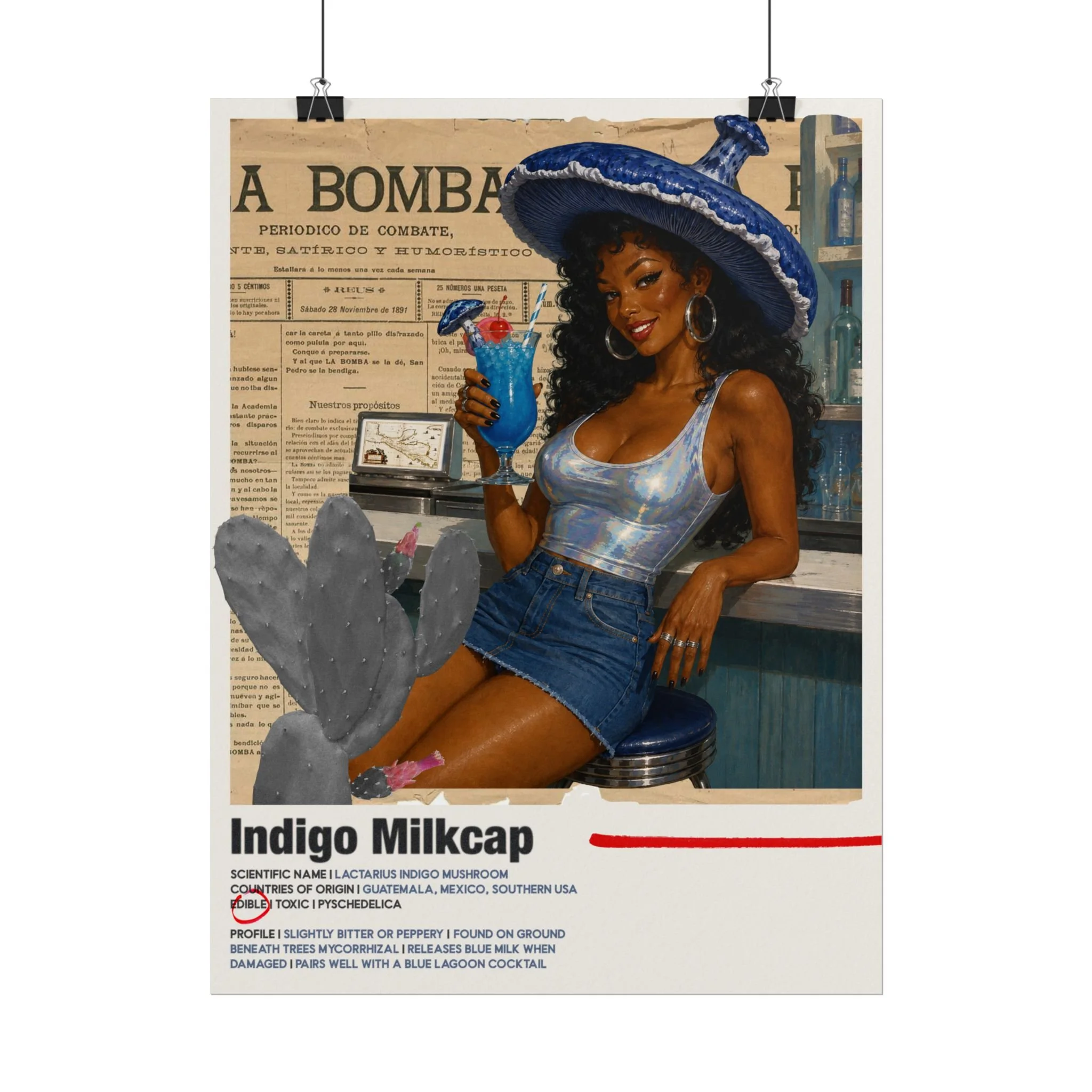 Indigo Milkcap Mushroom Retro Pin-Up Poster — Rolled Art Print