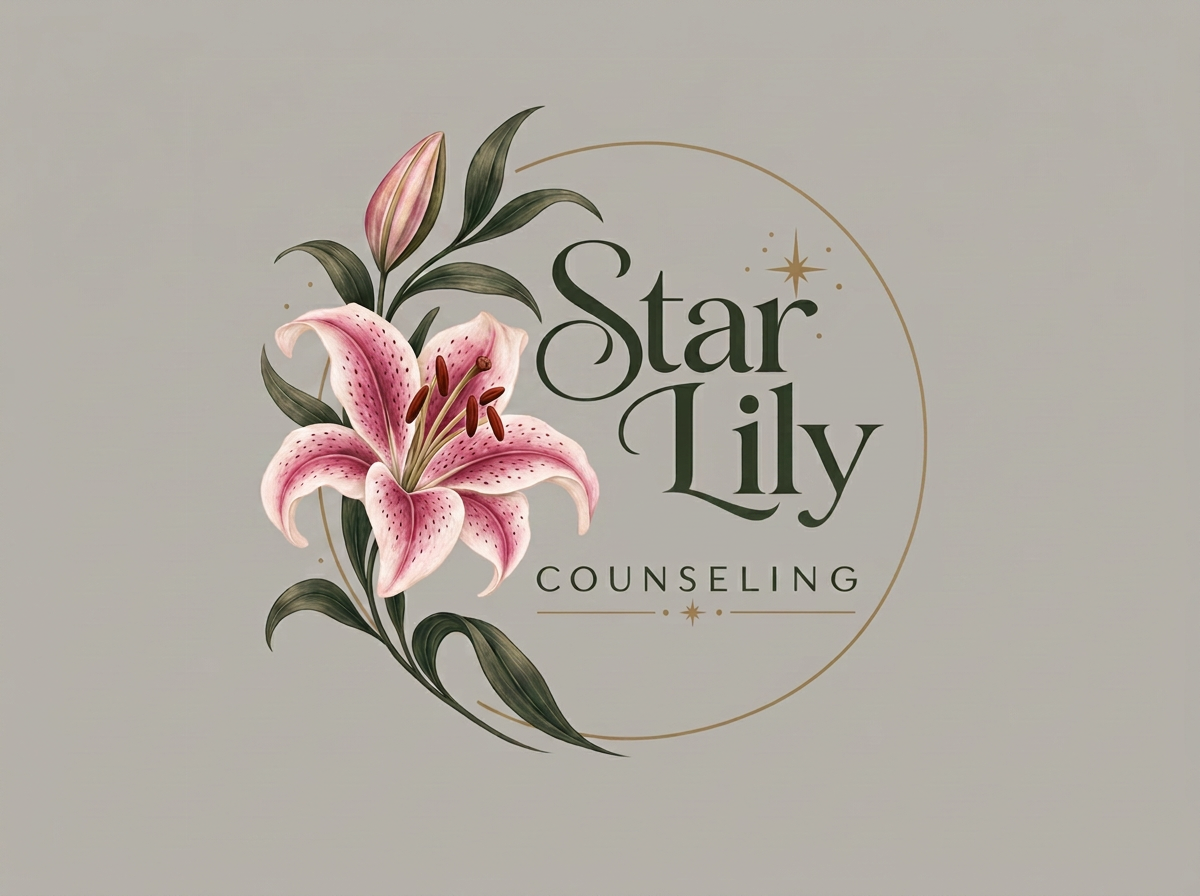 Logo for Star Lily Counseling featuring a pink lily flower with green leaves and gold accents.