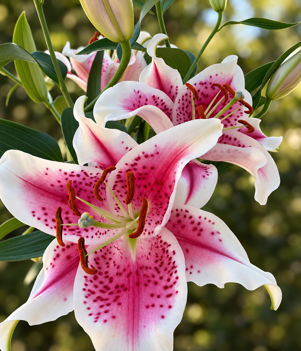 Close-up of a blooming pink and white lily flower with green leaves in the background.