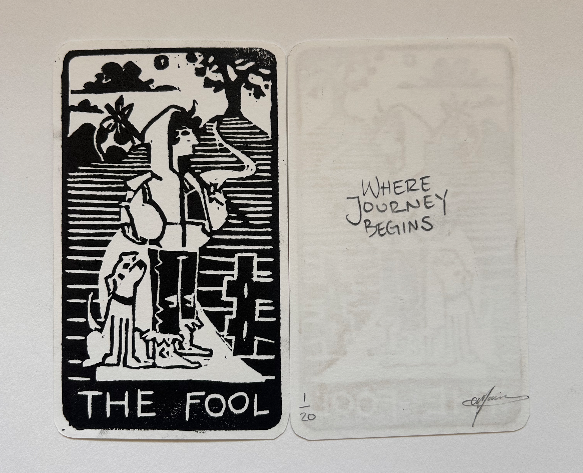 "The Fool" and back
5in x 3.25in
Relief Linocut Print