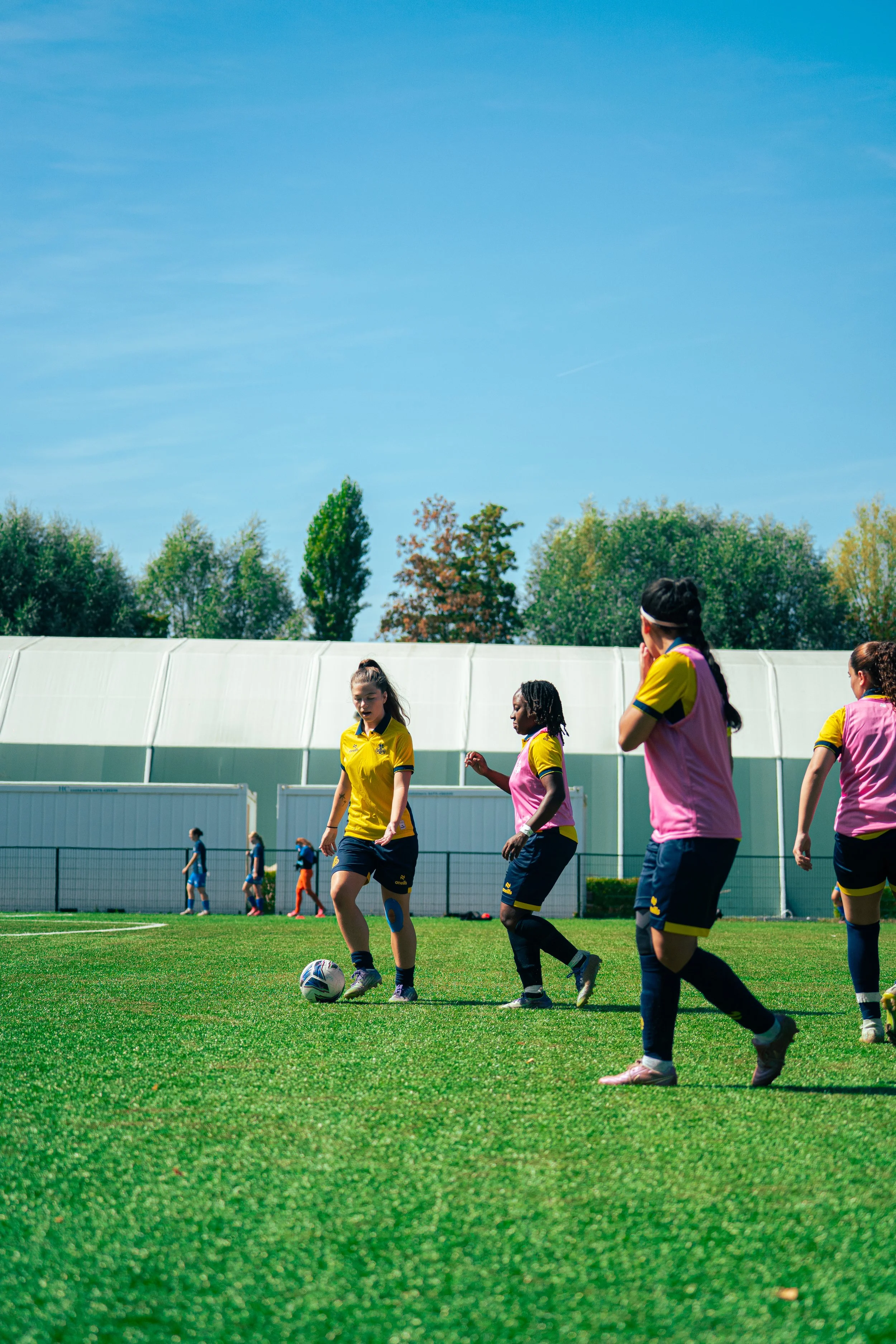 Women and girls in sports jerseys playing soccer on a field, with a blue sky and trees in the background.