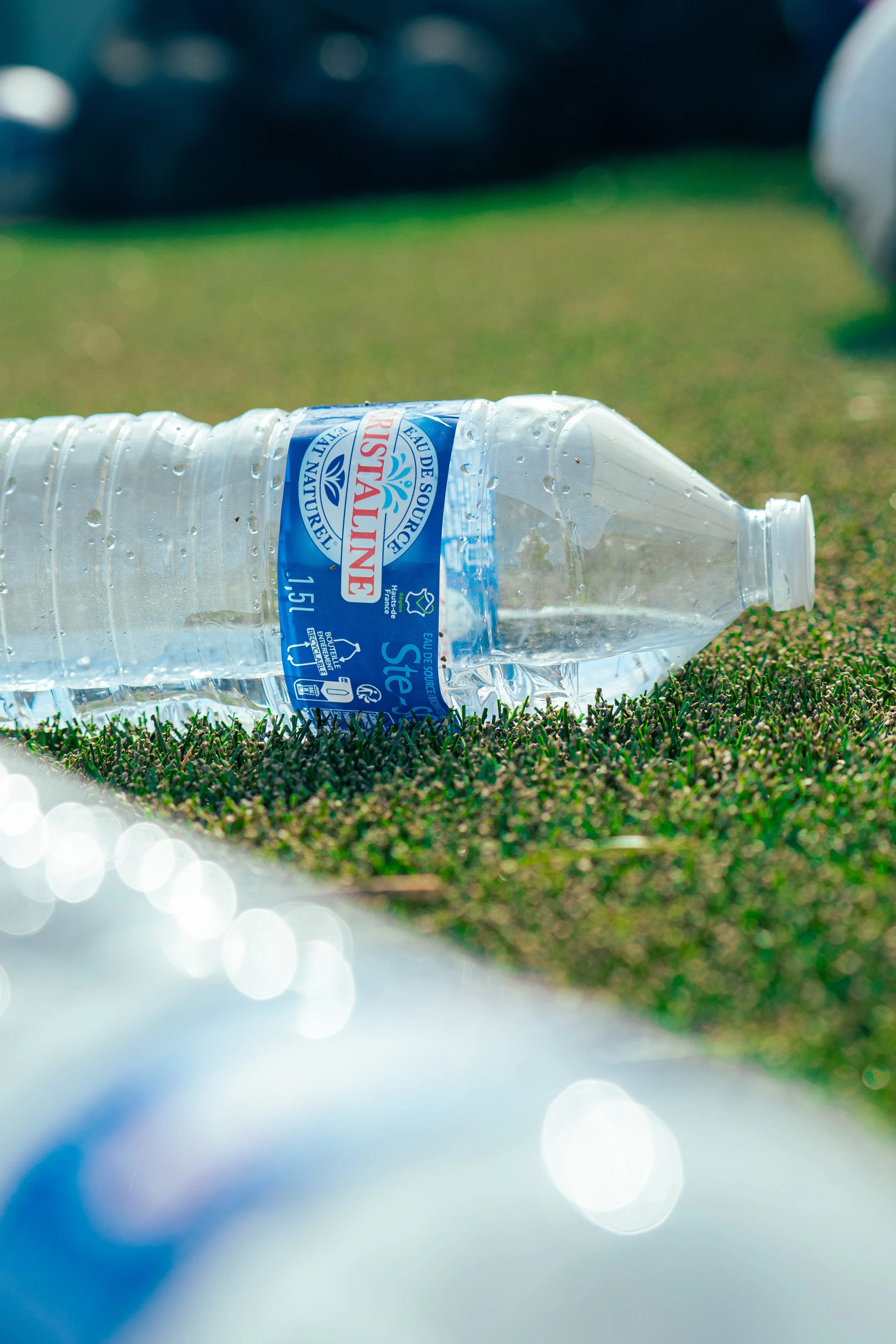 A discarded plastic water bottle lying on the patchy grass.