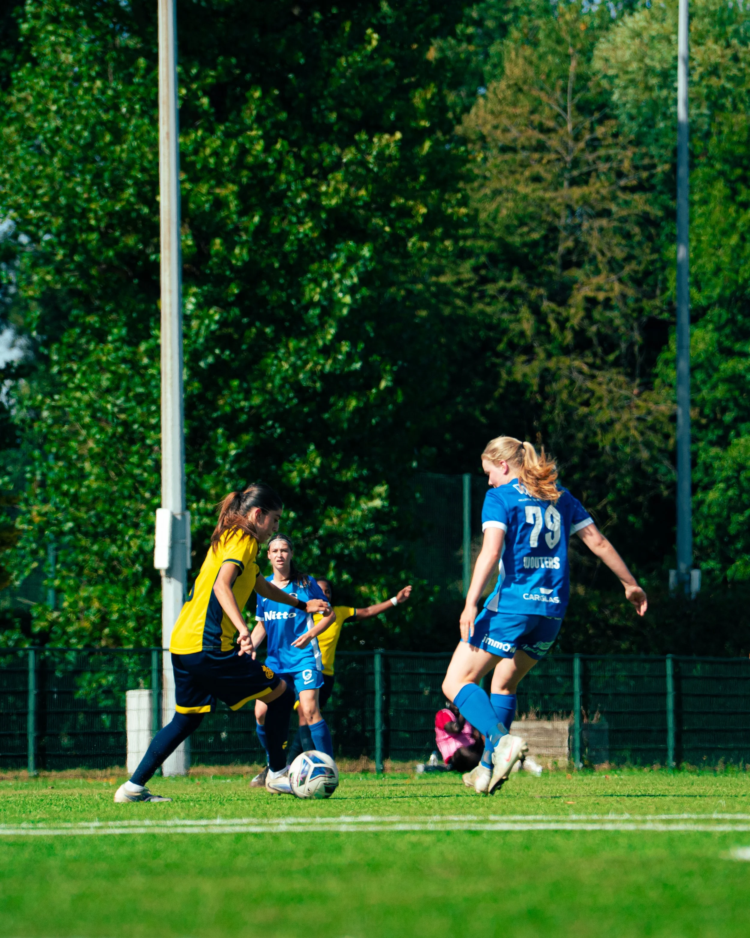 Soccer players, including children and adults, competing on a grass field during a sunny day, with trees and a fence in the background.