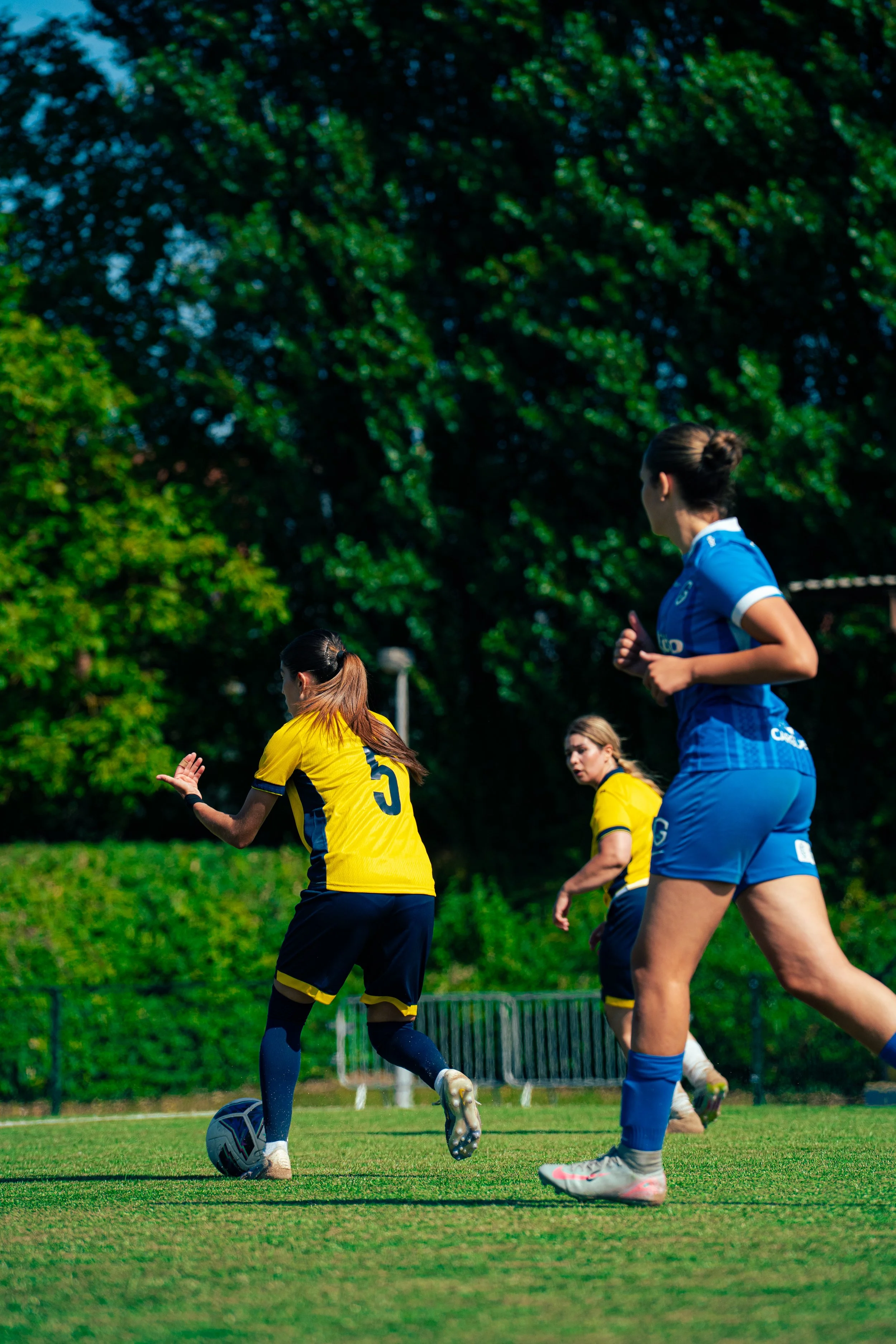 Women playing soccer outdoors on a grassy field with trees in the background. The central figure is kicking a soccer ball, wearing a yellow and black uniform, while other players in blue and yellow uniforms are visible.
