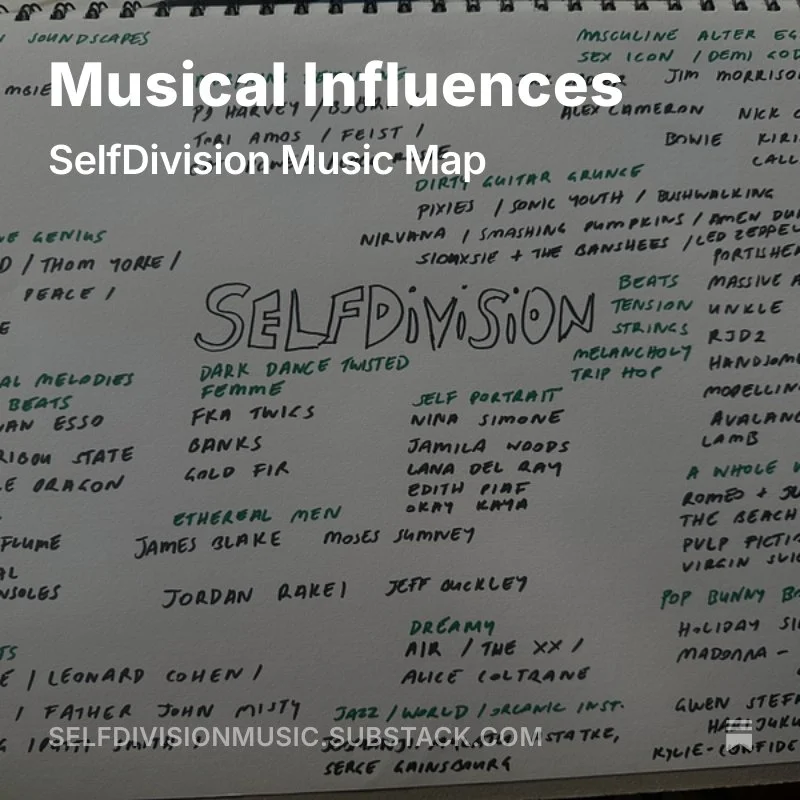 Handwritten notes and song titles on a whiteboard for SelfDivision Music Map, focusing on musical influences like Nirvana, Pixies, Nirvana, and others, with categories such as soundscapes, guitar arpeggios, beats, and ethereal men.