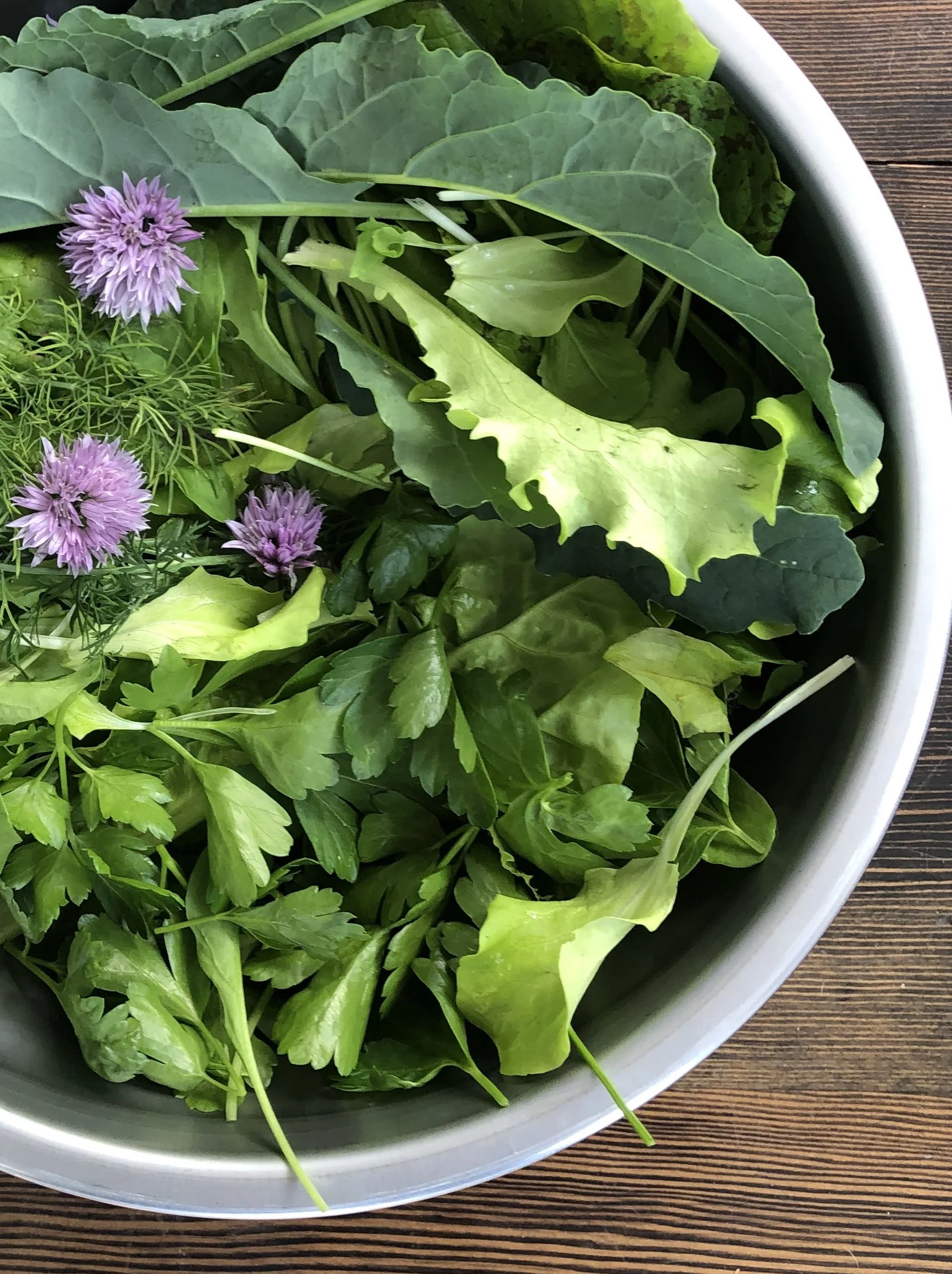 Baby Kale, Italian Parsley, Chive blossom