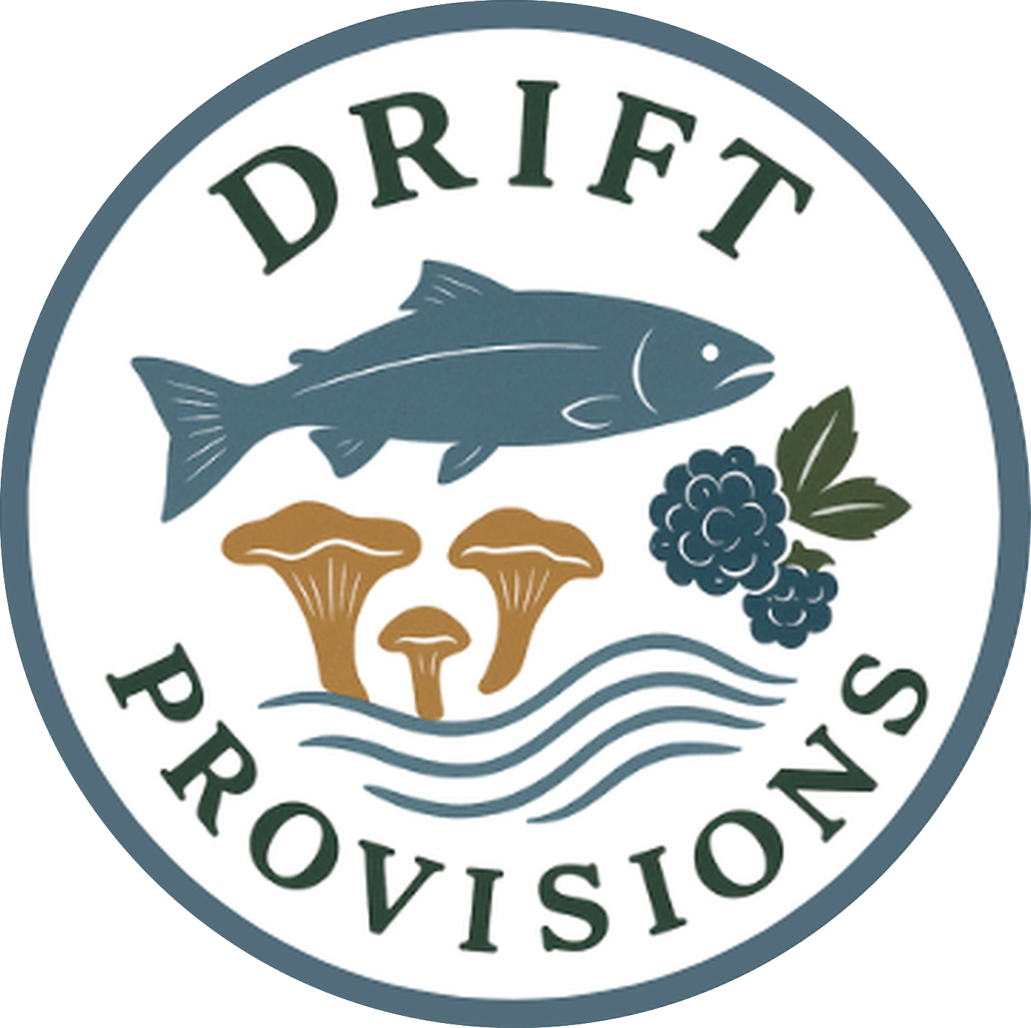Circular logo with the words 'DRIFT PROVISIONS,' featuring a fish, mushrooms, berries, and water waves in a stylized design.