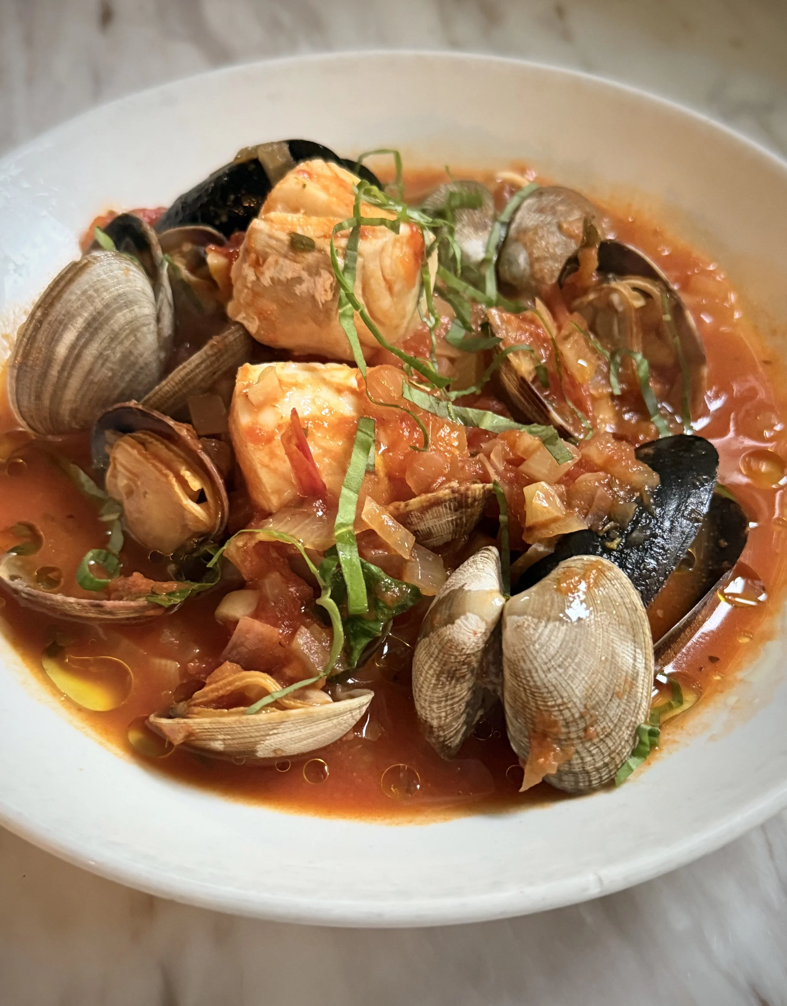 Cioppino, Fresh Shellfish, Halibut