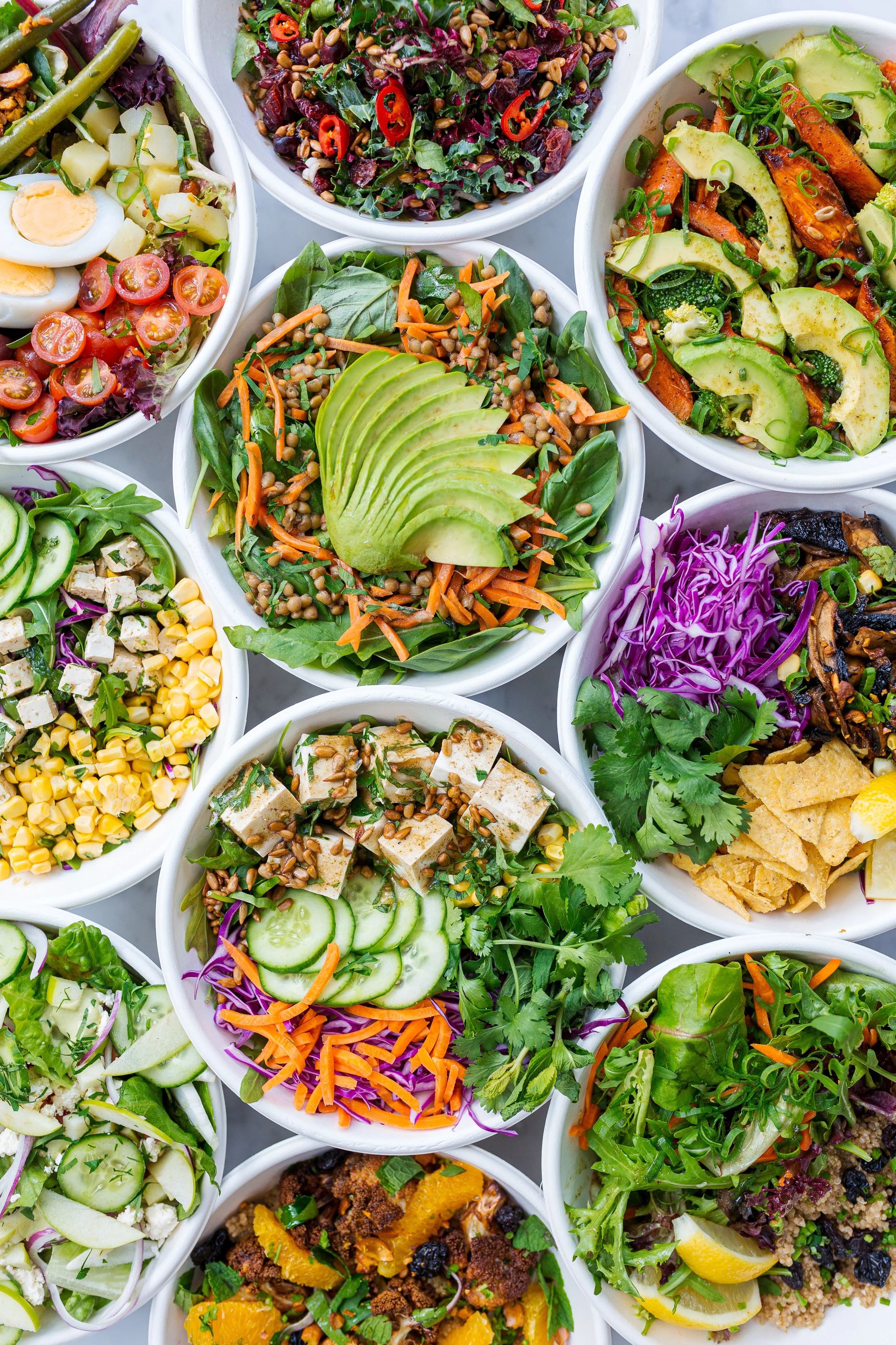 meal prep salads in white bowls with greens tomato tofu tomato carrot seeds lentils nuts
