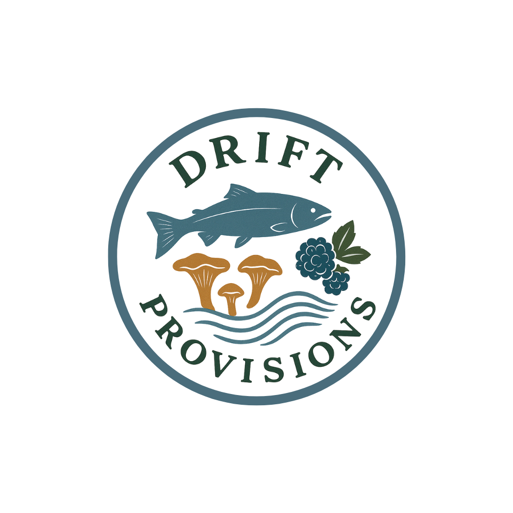 Seal for the Drift Promotions featuring a fish, mushrooms, berries, and water with the words "Drift Promotions" around the circle.