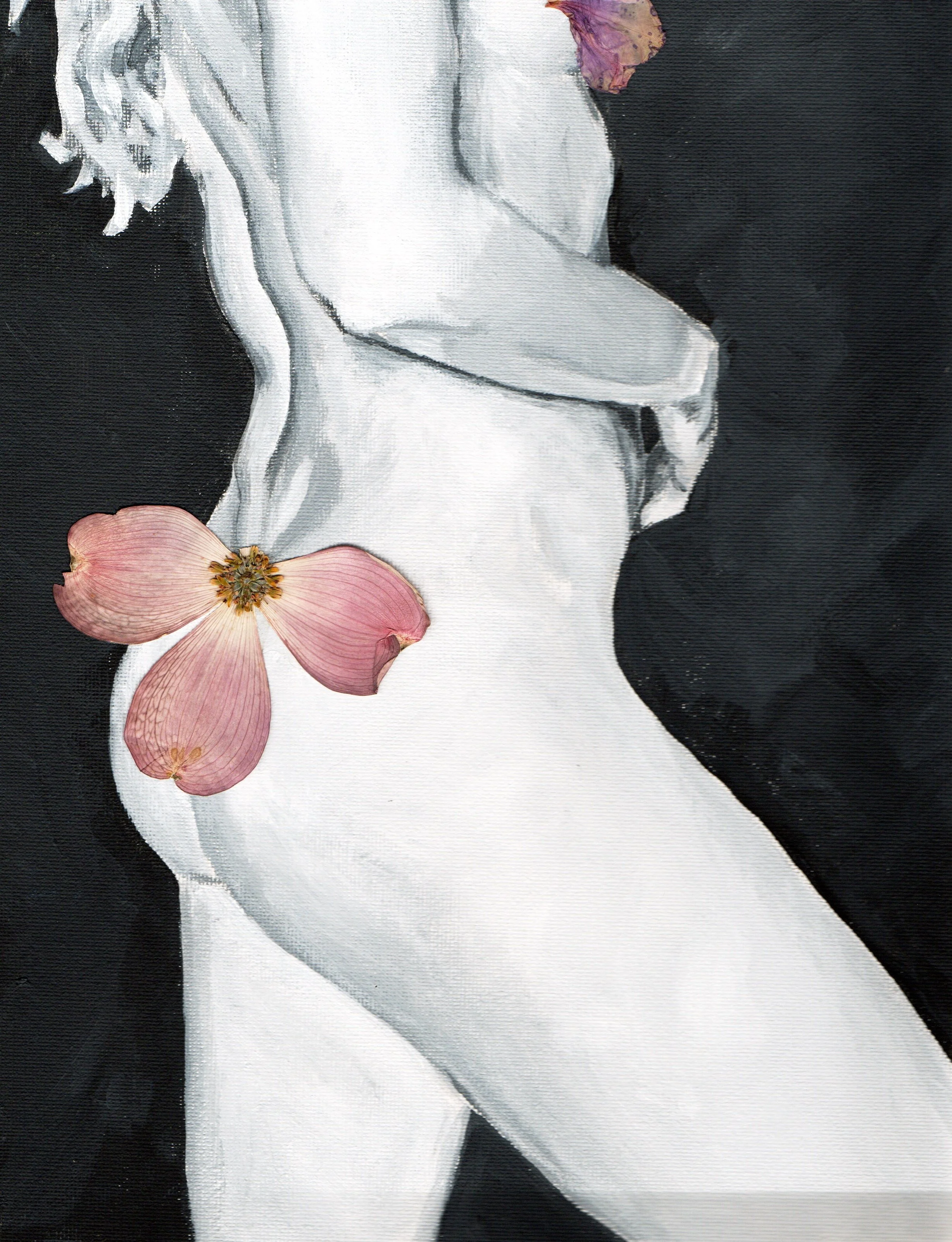 Mixed media (acrylic and pressed flowers) grayscale painting of a woman's back and shoulder with pink flower petals on her shoulder, against a black background.