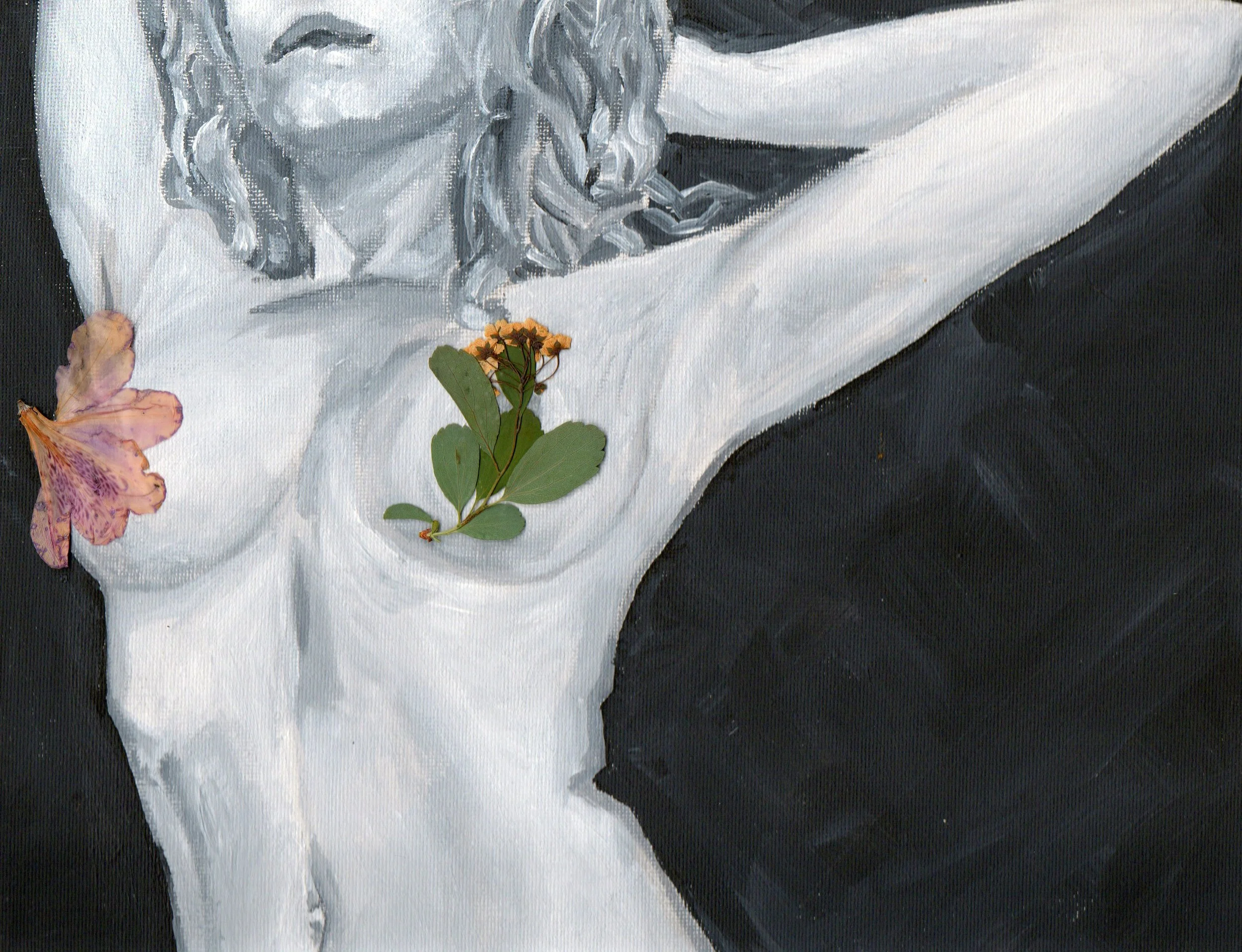 Mixed media (acrylic and pressed flowers) close-up of a painted portrait, partly obscured by a leaf, with use of black, white, and gray tones.