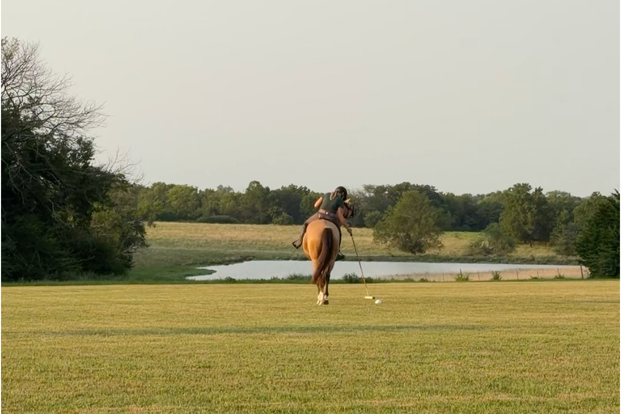 Person riding a horse on a golf course, preparing to hit a golf ball with a club, with trees and a pond in the background.