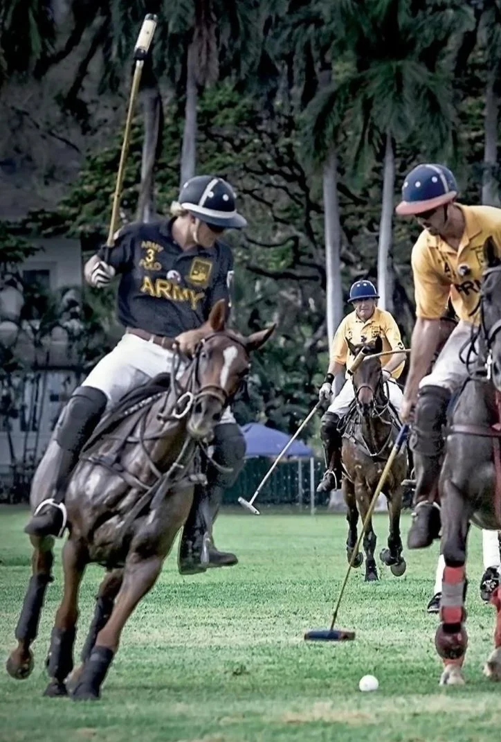 Three polo players on horseback competing for the ball on a field with green grass and trees in the background.