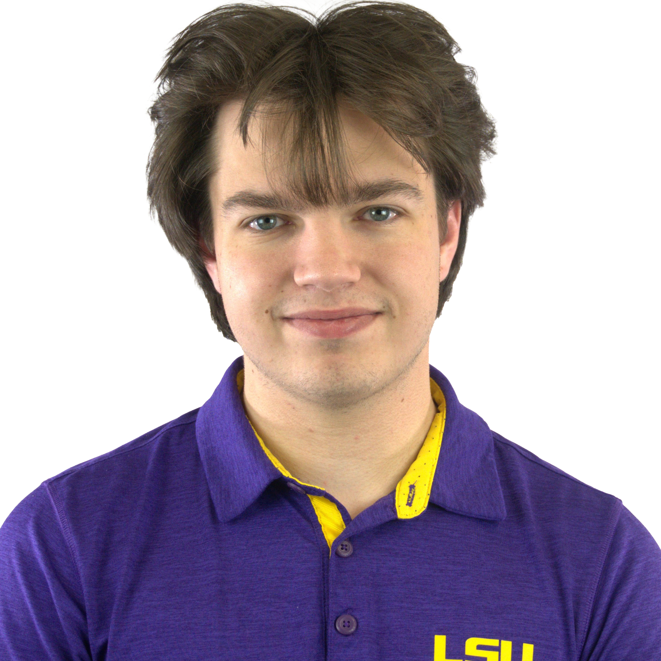 Close-up of a young man with brown hair and blue eyes, wearing a purple LSU jacket with yellow accents, smiling slightly against a white background.