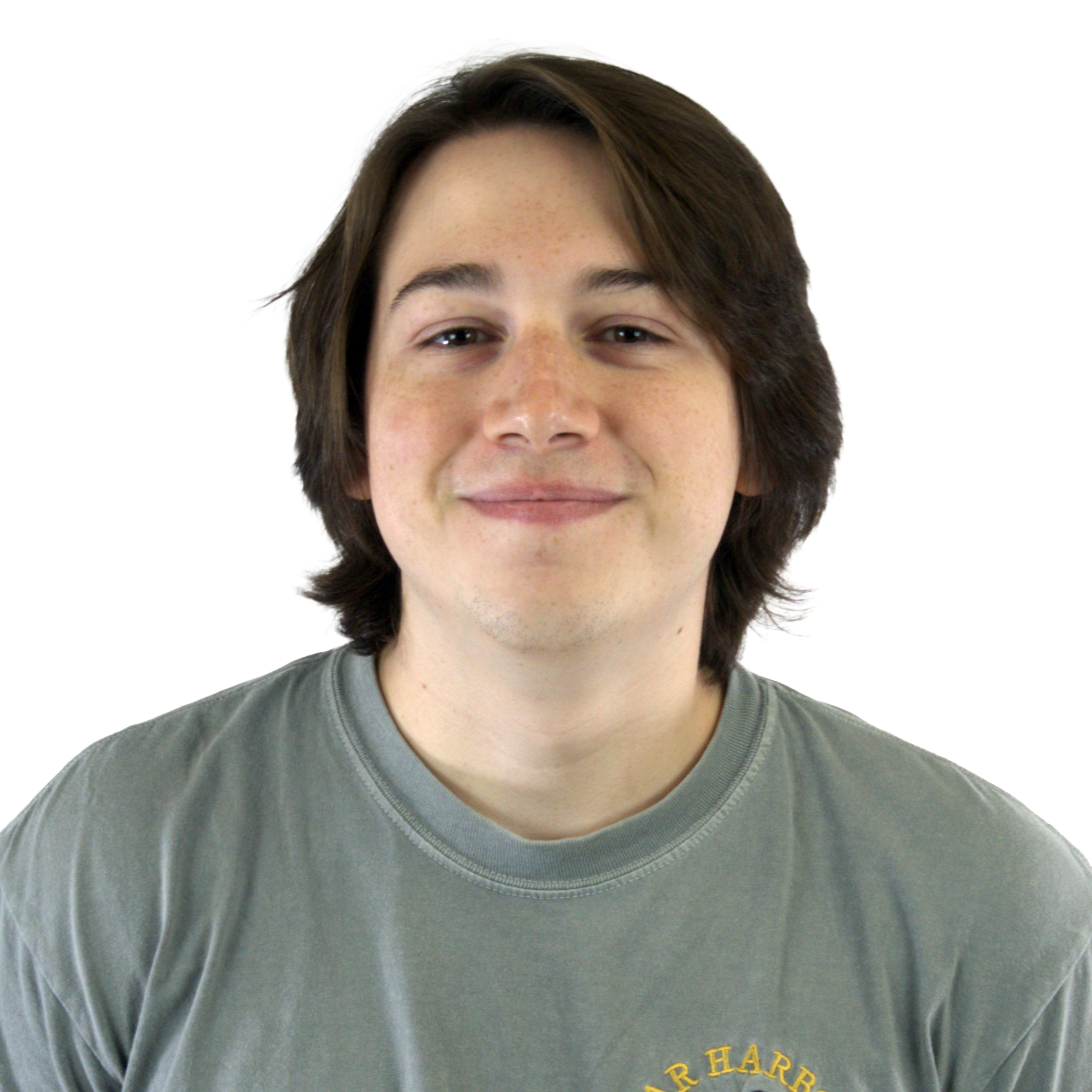Close-up of a person with medium-length brown hair, wearing a grey t-shirt with yellow text.