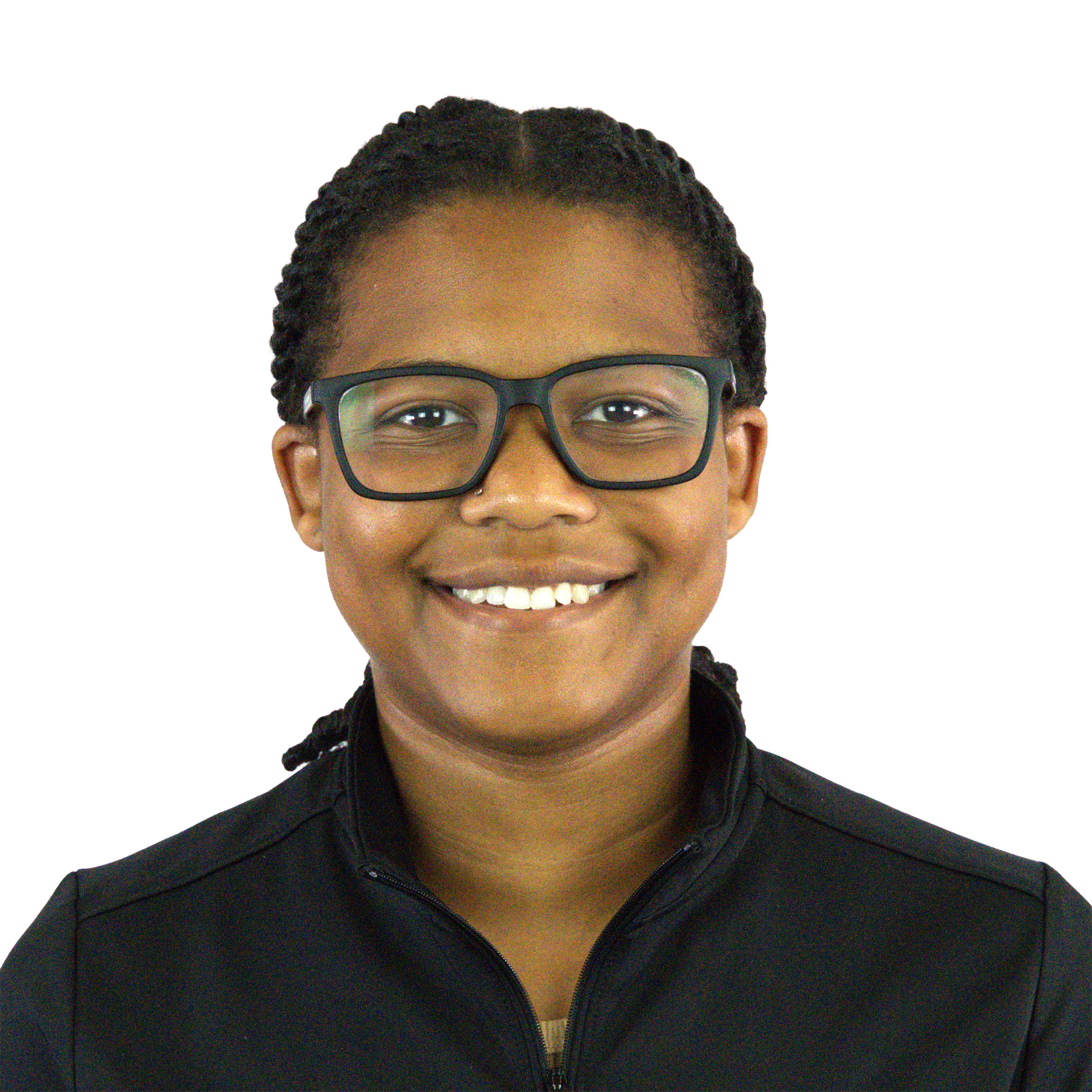 Close-up of a smiling person wearing glasses and a black zip-up jacket.