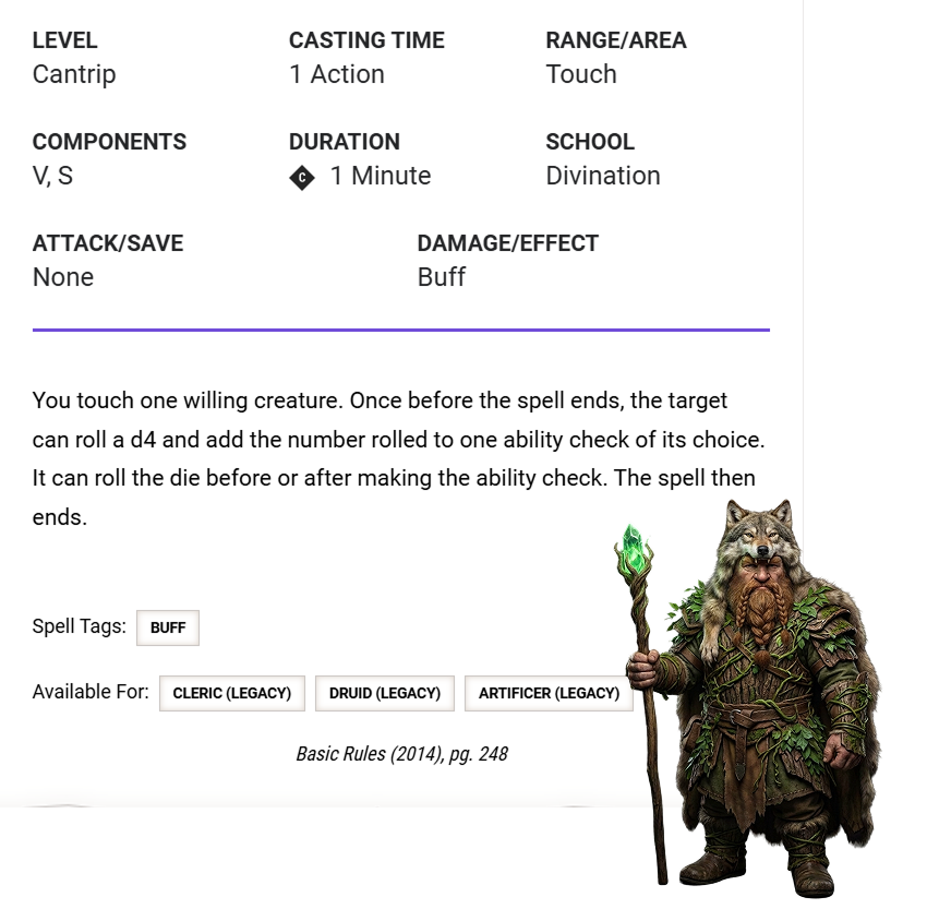 guidance cantrip, how it works and in the bottom right corner a male dwarf druid