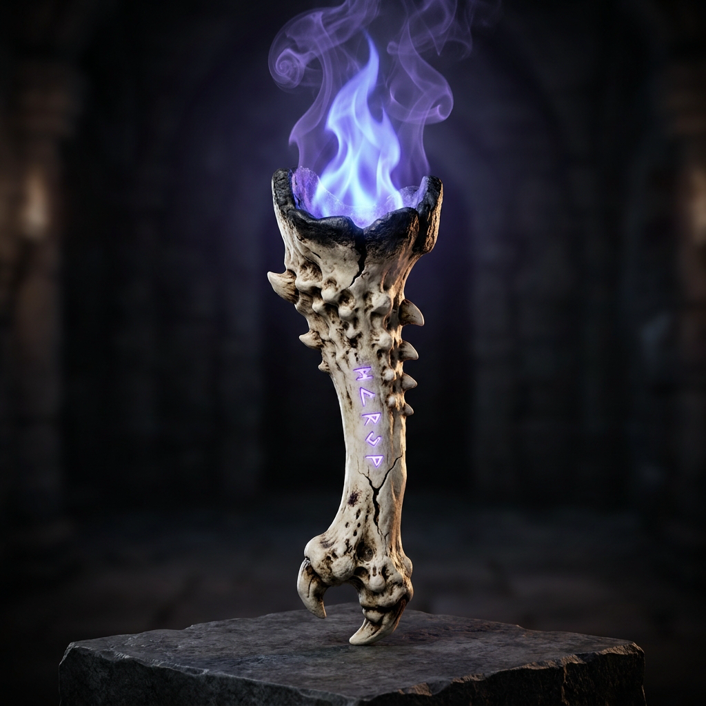 a rune carved dragon bone, with a strange magical purple blue flame