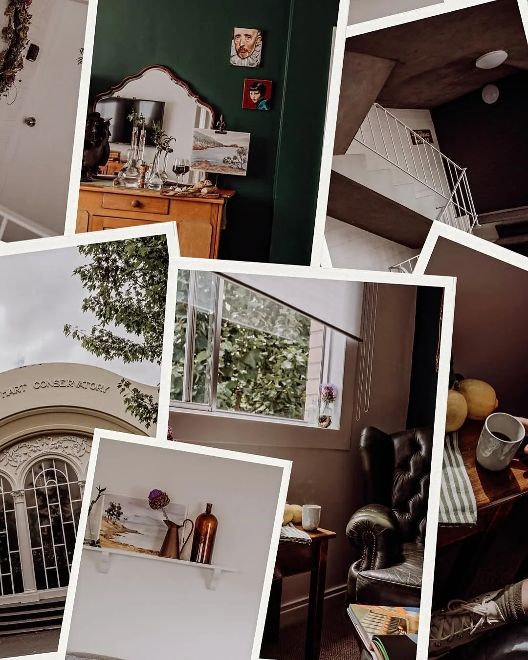 Collage of interior and exterior house images, including a stairway, a decorated vanity with paintings, a window with greenery, a conservatory entrance, and a shelf with vases and flowers.
